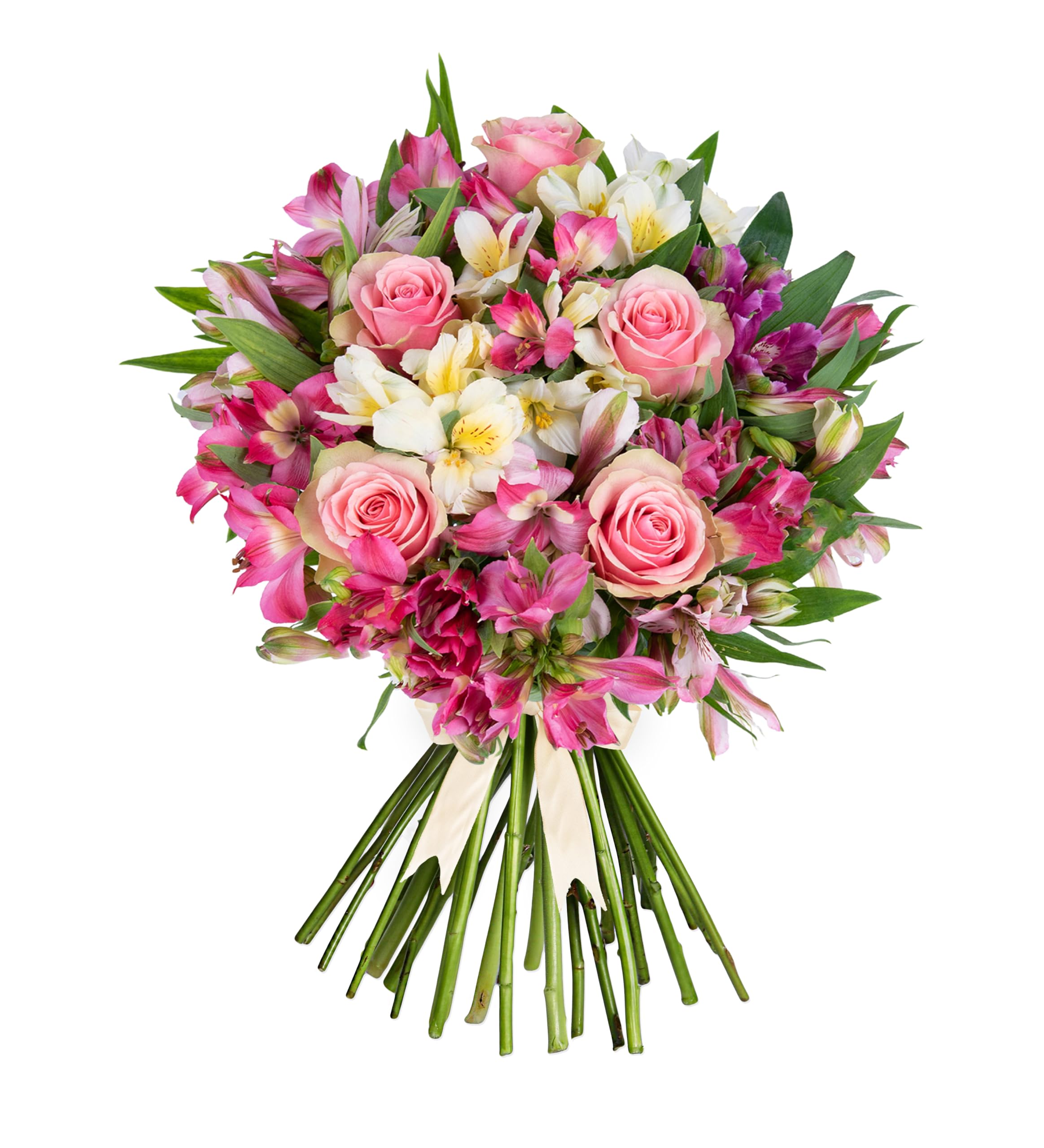 Peruvian Lily and Rose Bouquet – Handcrafted Fresh Flowers Featuring Cerise, Pink, White and Yellow Alstroemeria with Belle Roses – Long-Lasting Gift for Birthday, Anniversary or Any Occasion