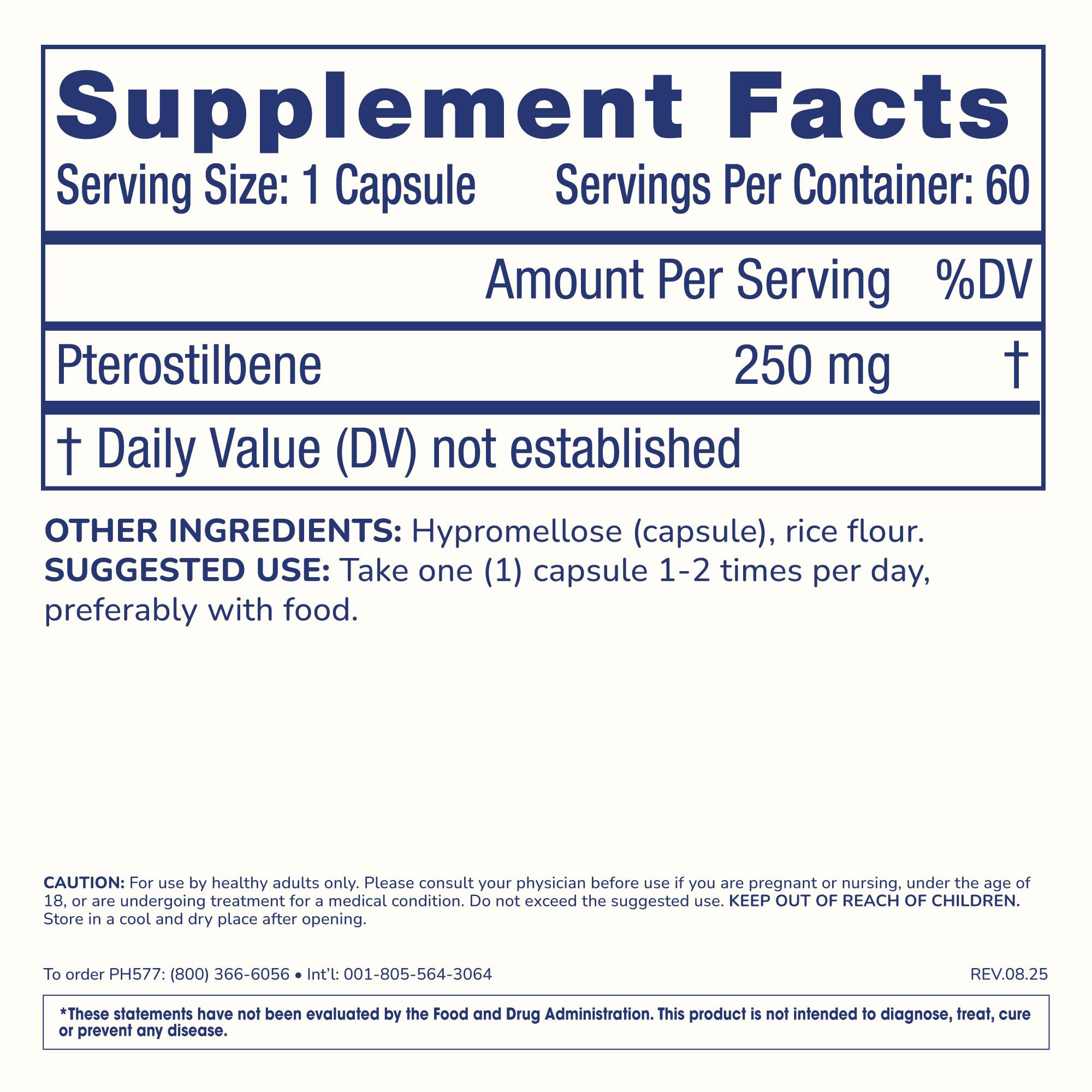 Pterostilbene Supplement (250mg, 60 Capsules) | Clinically Proven, Third-Party Tested Antioxidant for Heart & Brain Health | Activates Longevity Genes