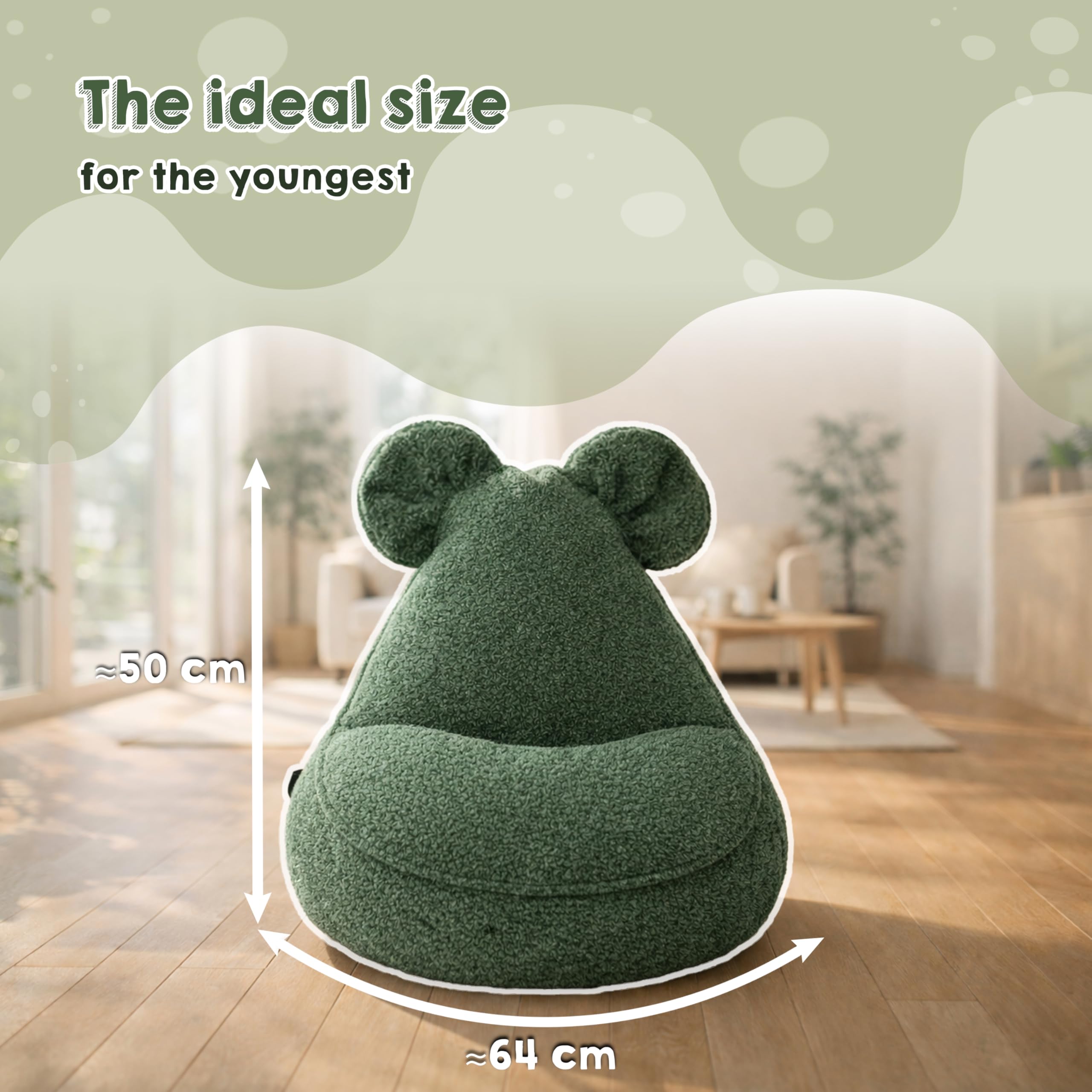 POKAR Pouf Bambini con Orecchie di Topo 68x68x50 cm | Poltroncina Sacco in Tessuto Bouclé e Imbottitura Schiuma PU | Sedia Montessori per Cameretta e Gioco | OEKO-TEX | Made in EU | Beige Accogliente