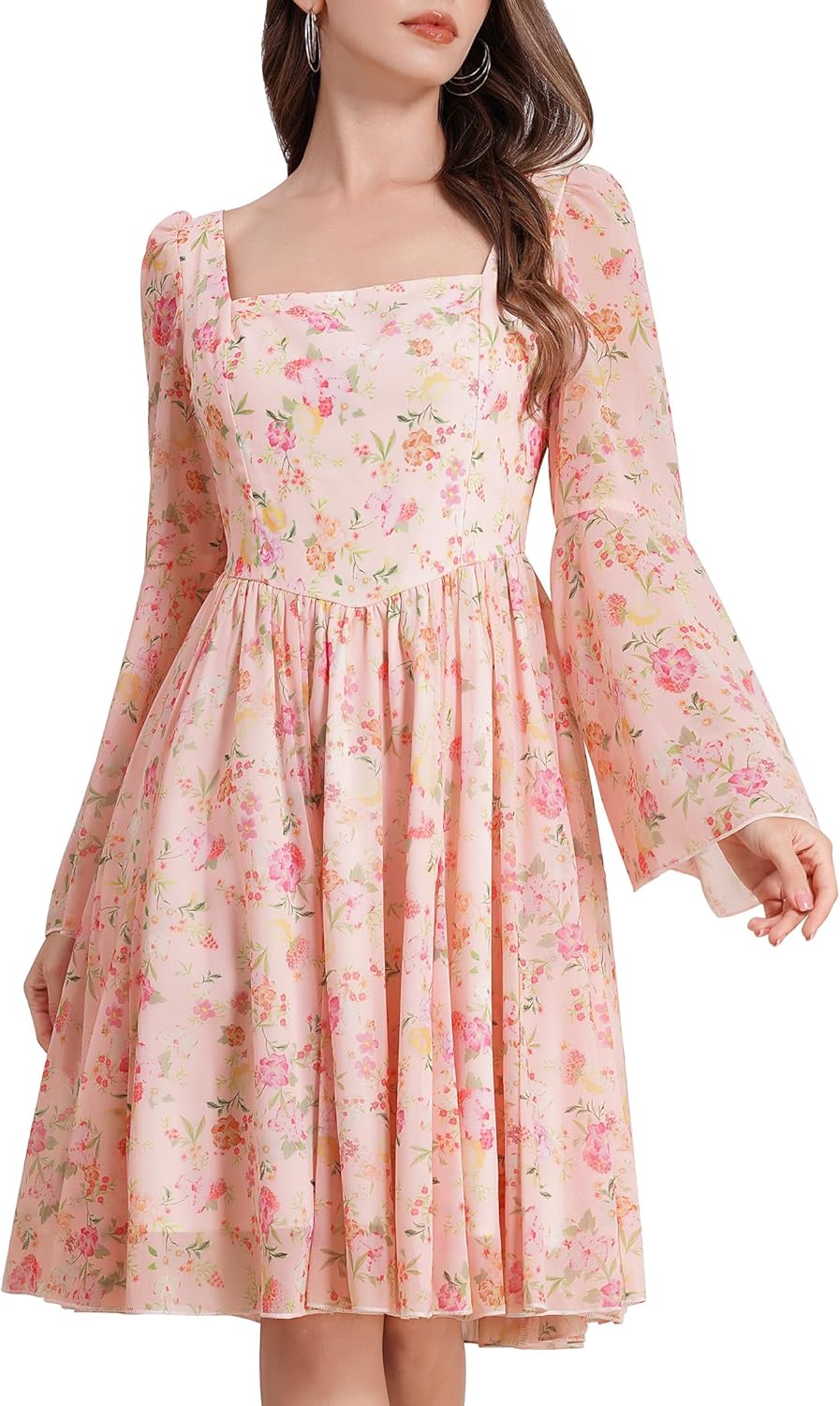 Fall Wedding Guest Dresses for Women Floral Chiffon Dresses Long Bell Sleeve Square Neck Short Ruffle Dress