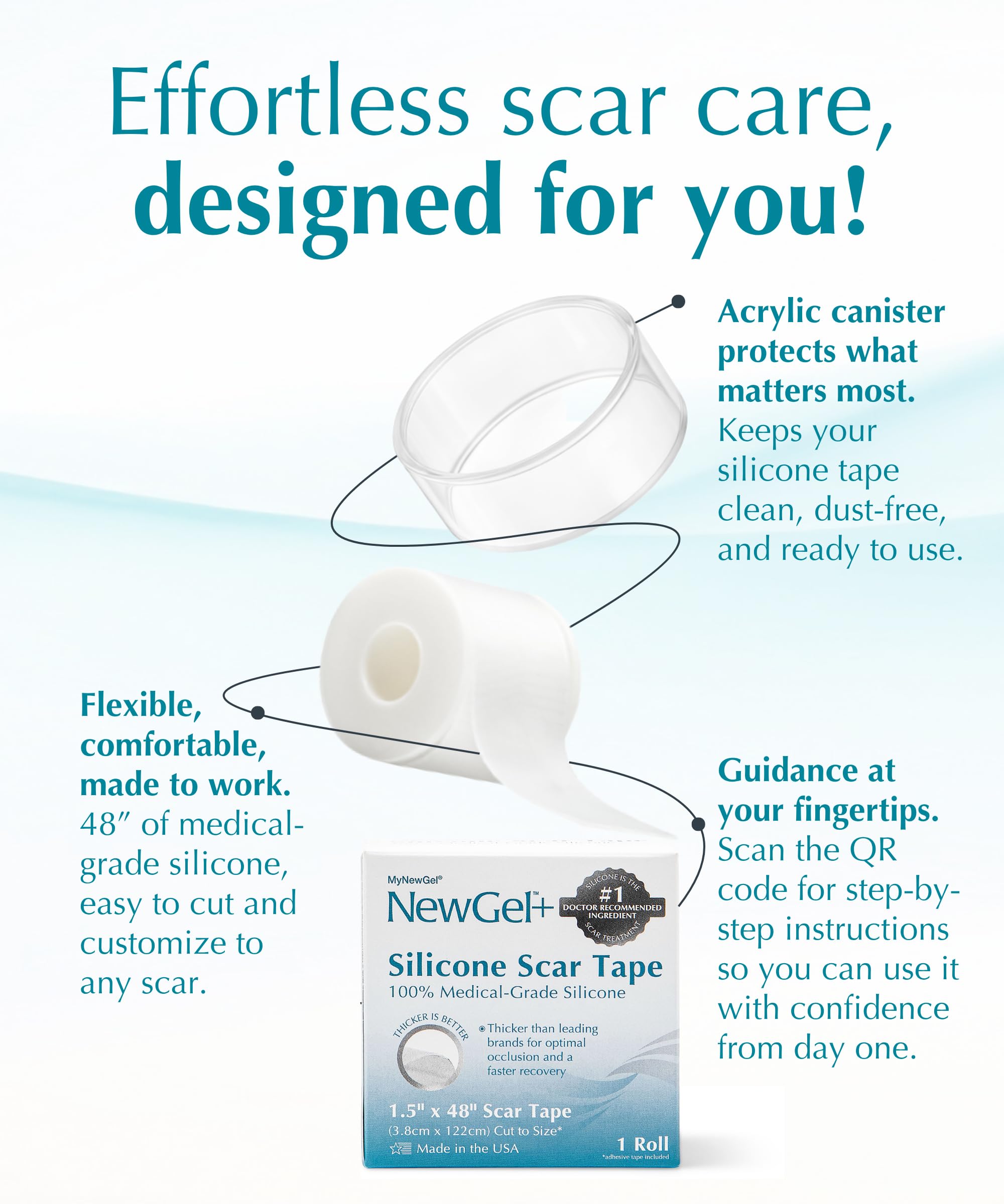 NewGel Plus - Rotolo di nastro per cicatrici in silicone 100% di grado medico, per chirurgia, taglio cesareo, cicatrici da cheloidi e acne, nastro in silicone riutilizzabile extra spesso da 1 mm