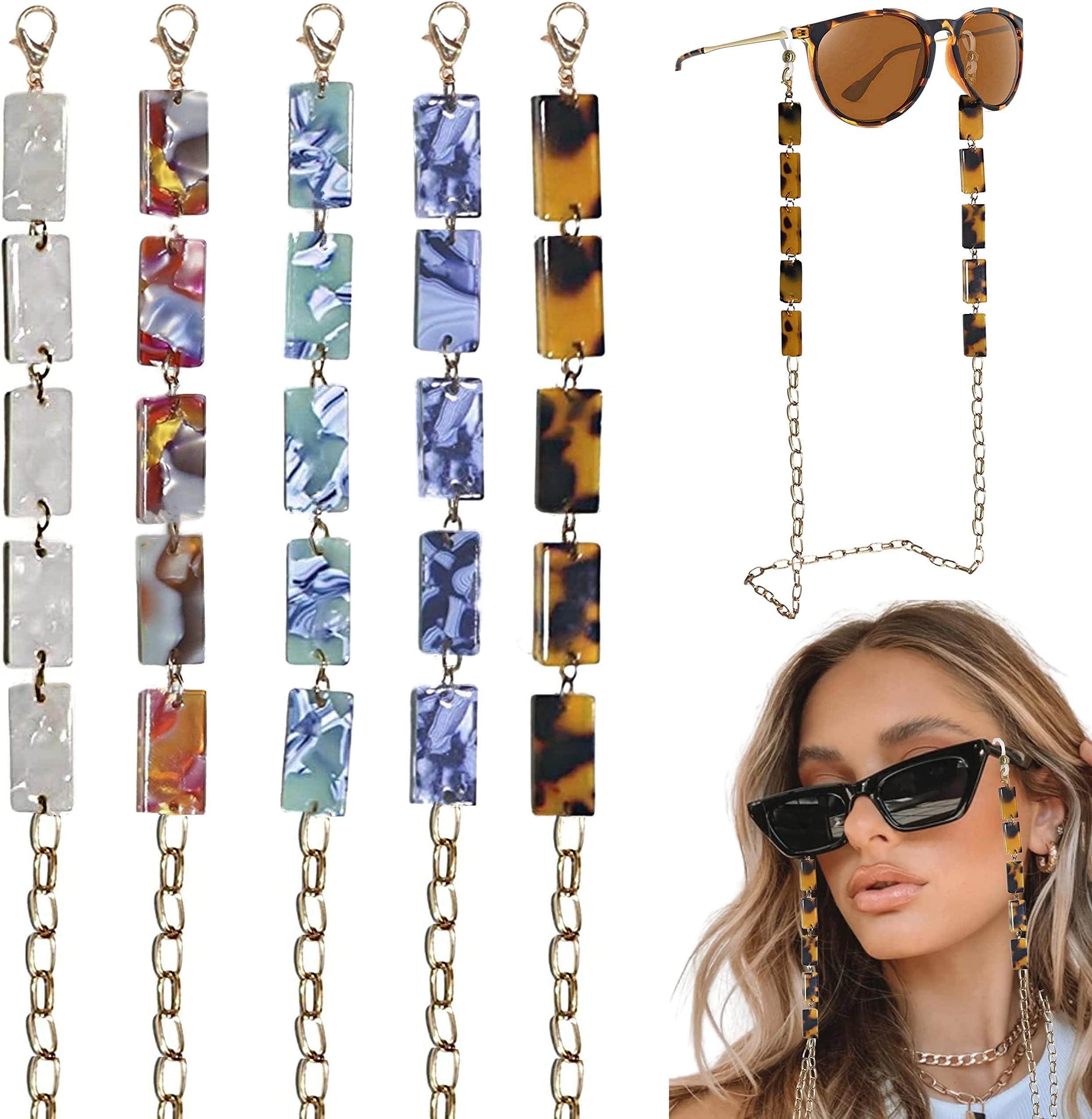 5Pcs Tortoise Women's Eyeglass Chains for Women Stylish Eye Glasses Chain Holders Strap Around Neck for Women Dainty Eyeglasses Strap Chain for Glasses Around Neck Glasses Necklace Lanyard for Women