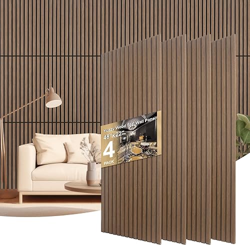 Miniatura 10 de Yuzzy Paneles de madera para pared, paneles acústicos de listones de madera de nogal oscuro de 9 pies, 4 unidades, paneles de pared modernos que