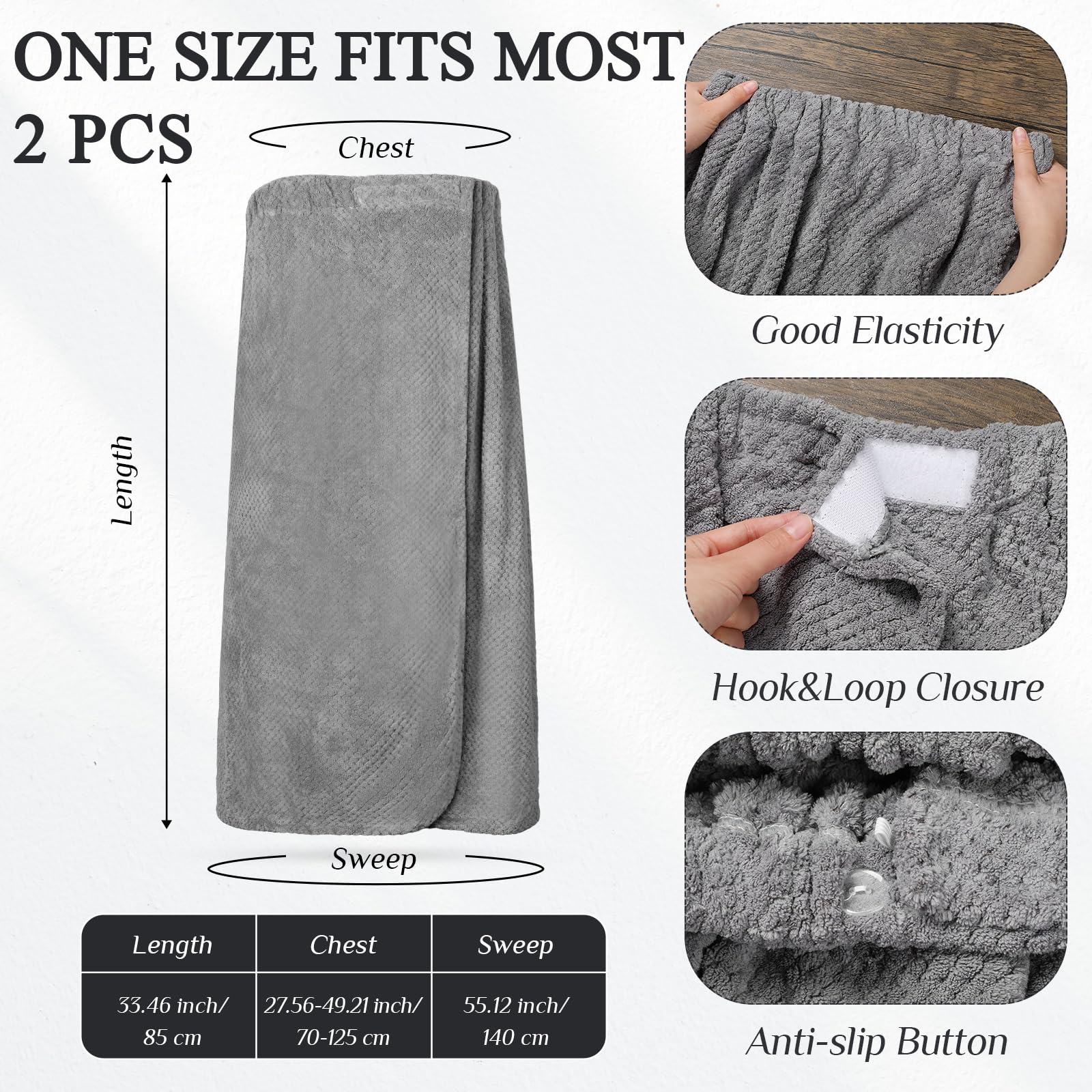 SATINIOR 2 Pcs Towel Wrap for Women Lightweight Spa Robe with Adjustable Closure Elastic Top Soft Bathrobe Spa Wrap (Gray) - Image 2