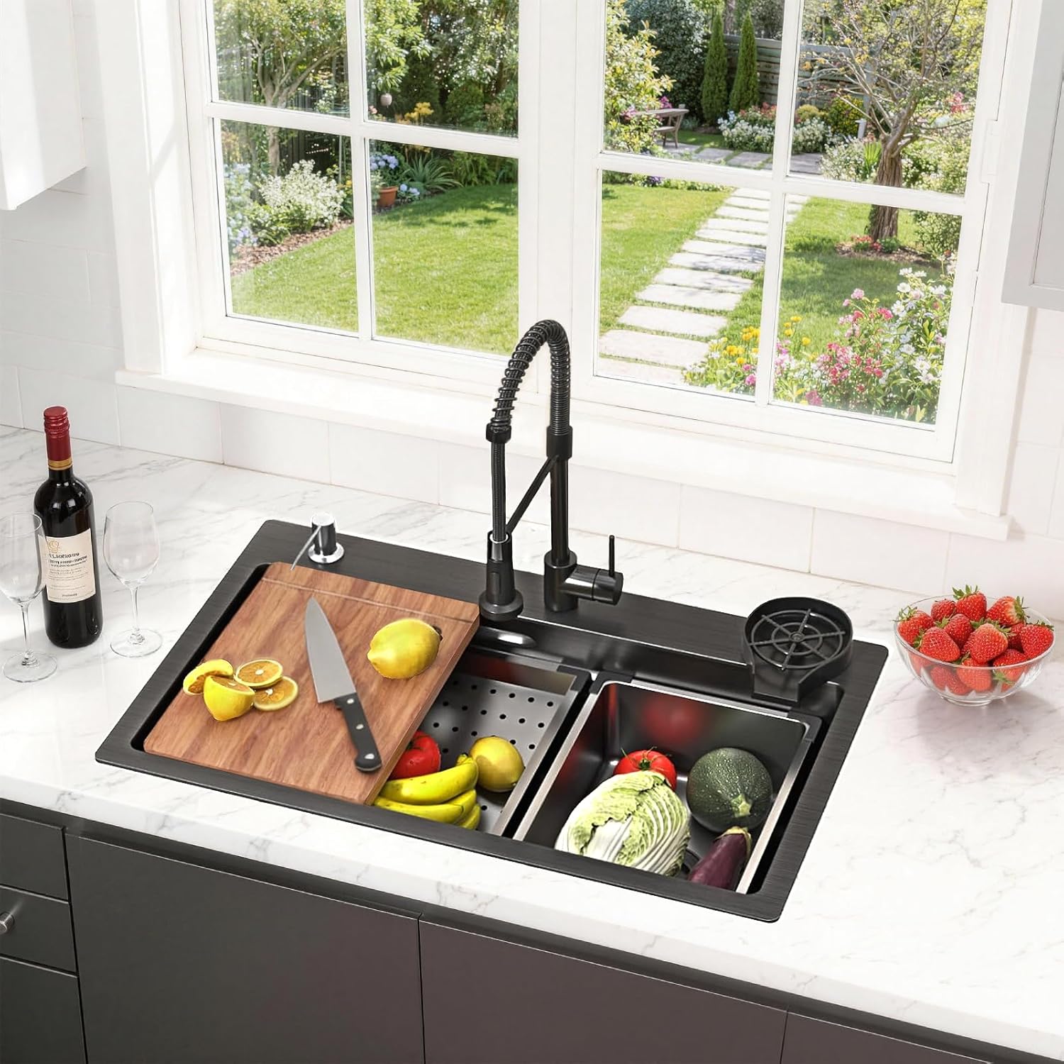 32 x 19 inch Kitchen Sink, Single Bowl Stainless Steel Sink Multifunctional Drop In Sink with Pull-Down Faucet and Multiple Accessories (black grey, 32 * 19 inch)