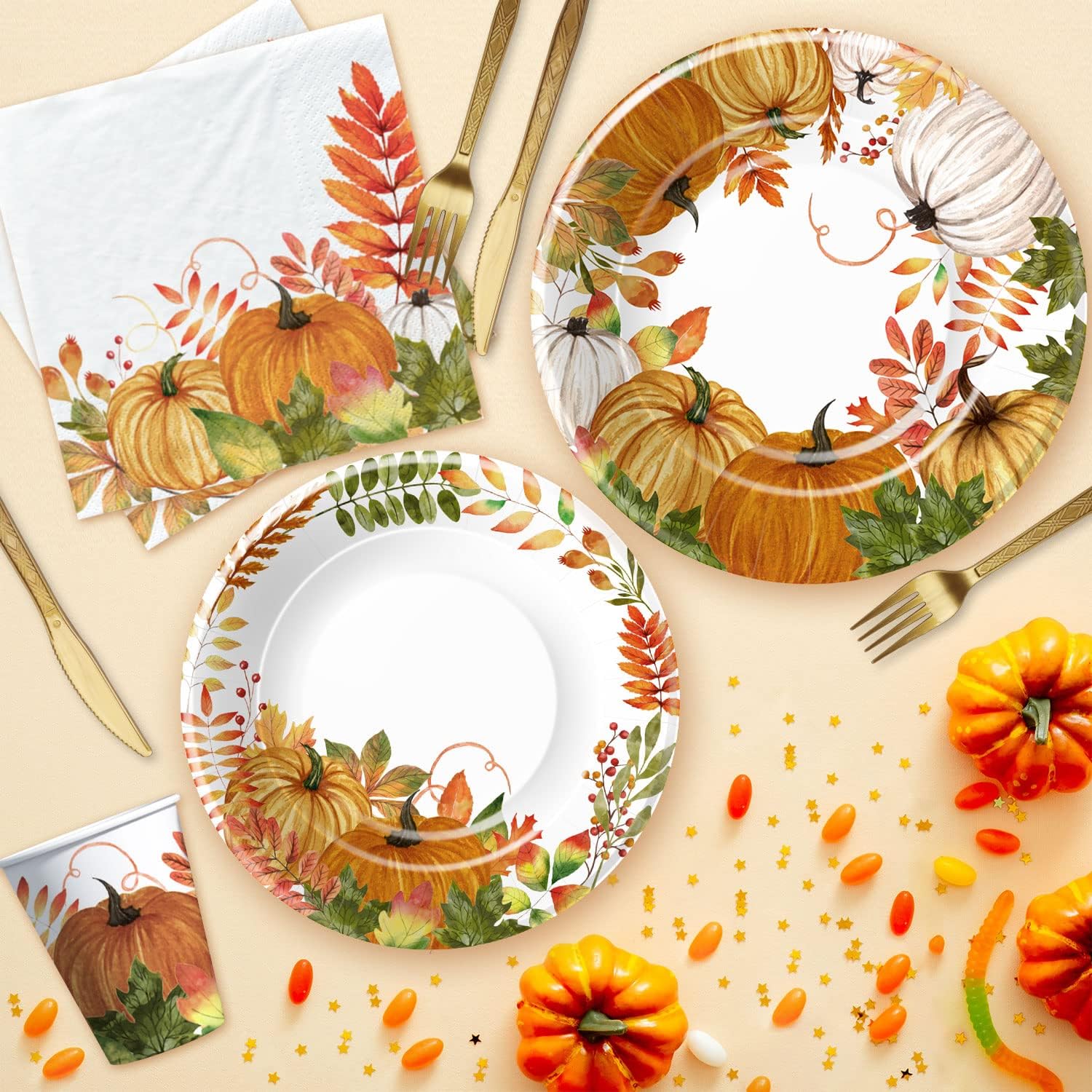 Thanksgiving Party Decorations Tableware, Fall Autumn Leaves Pumpkin Theme Thanksgiving Paper Plates and Napkins Party Supplies, Plate, Cup, Napkin, Tablecloth, Disposable Cutlery, Serves 24