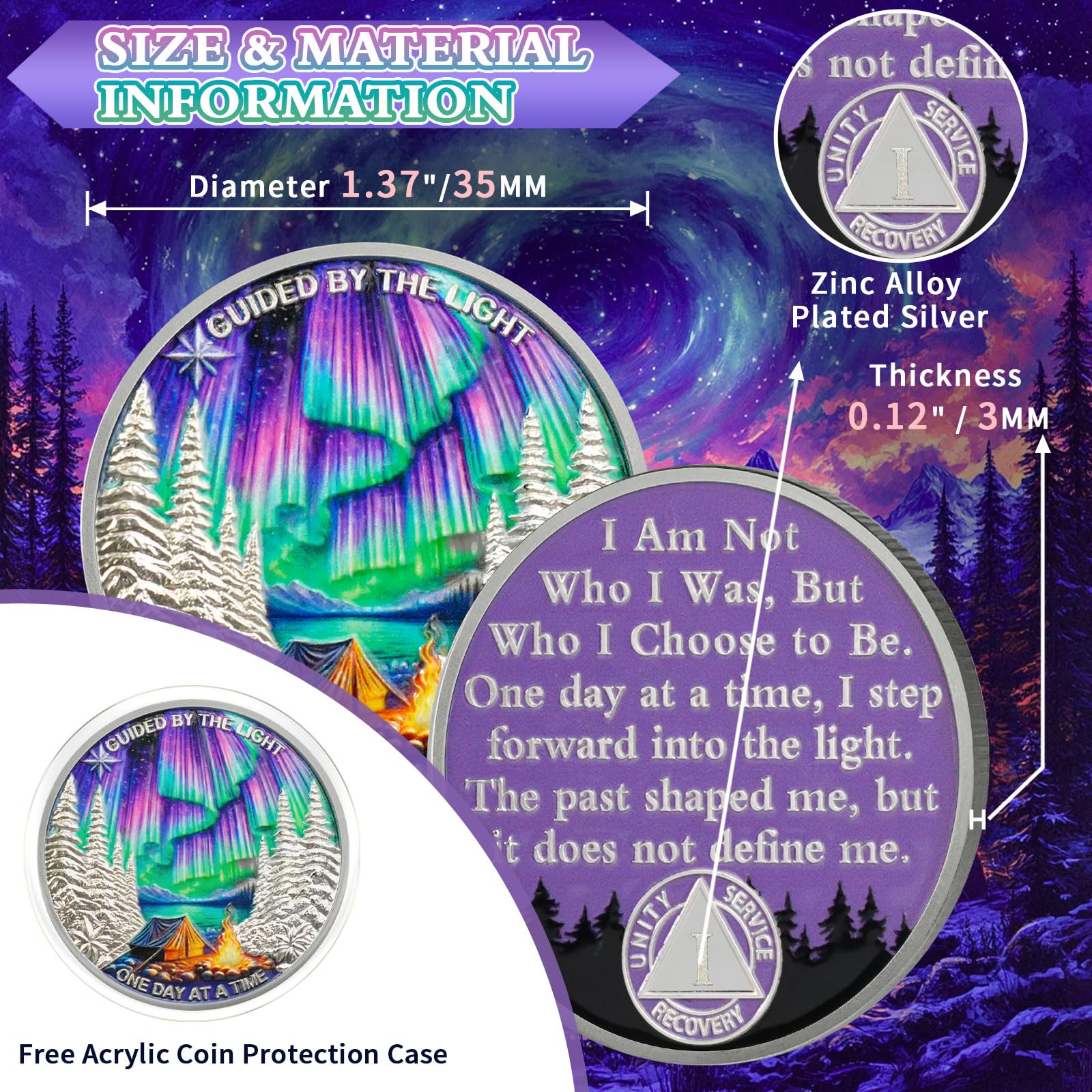 Pièce de sobriété Guidée par Northern Lights de 1 an – Pièce AA d'un jour à la fois, puce de récupération sans alcool d'un an avec capsule de jeton, cadeau de sobriété pour homme et femme