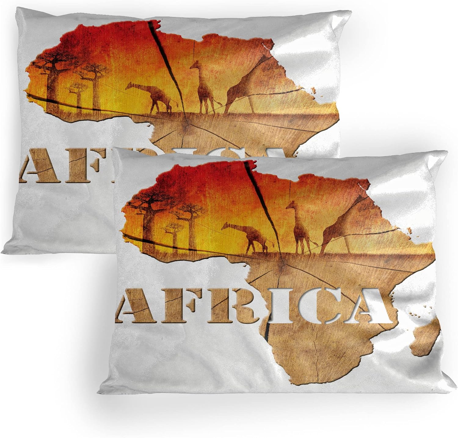 Lunarable African Pillow Sham Set of 2, Map with Wood Tree Texture and Giraffe Fantasy Continent, Quality Microfiber Bedding Item for All Seasons, 26" x 20", Orange and Tan