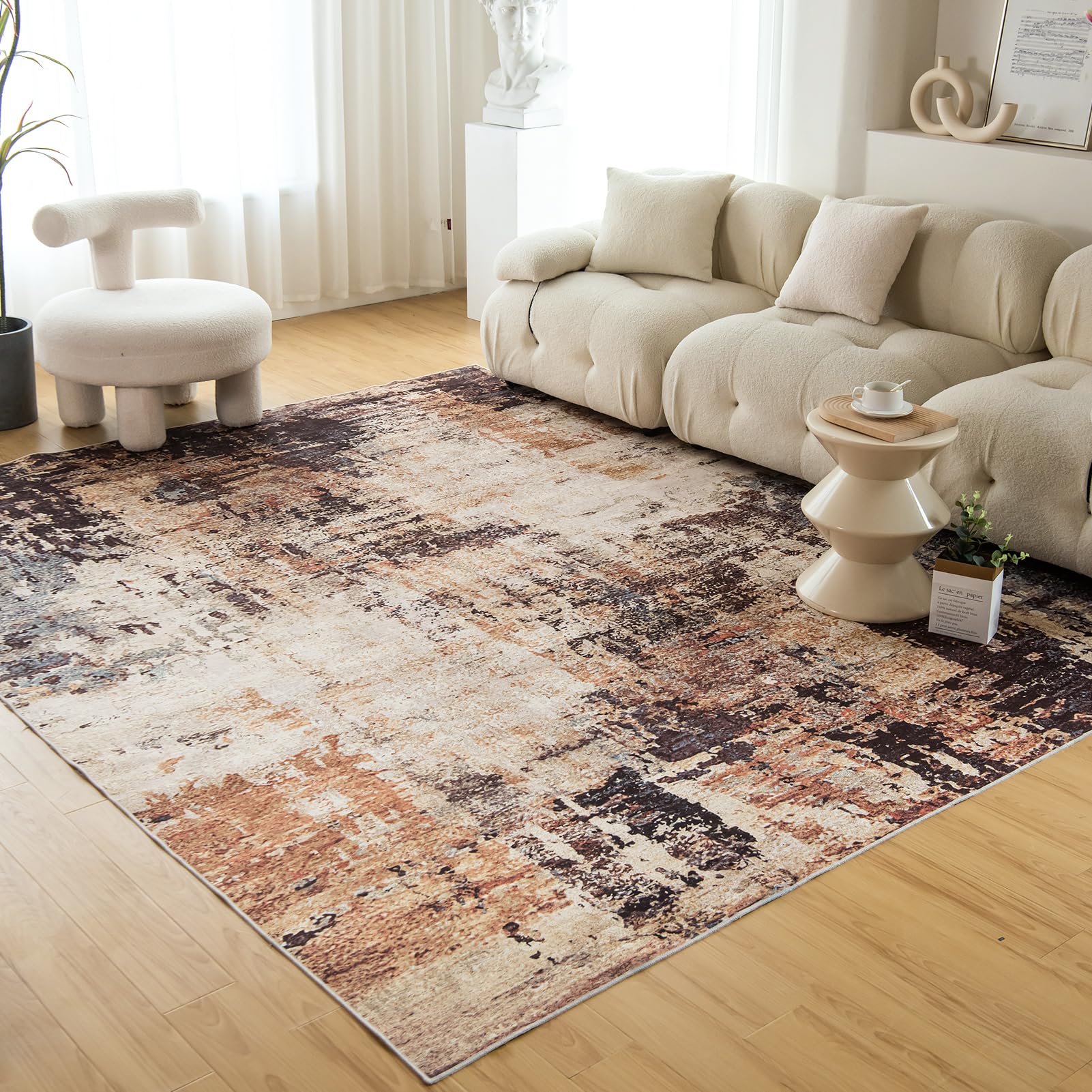 RUMBALUXY Washable Rug for Living Room Bedroom, Low Pile, 274x366cm, Brown