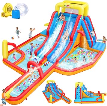 AKEYDIY Inflatable Dual-Lane Water Slide, Bounce Water Slide for Kids 3-12 - Water Park Backyard with 15ft Extra-Long Racing Slide, Climbing Wall, Pool Holds Up to 10 Kids, 17.8 x 13.8 x 7.4 feet