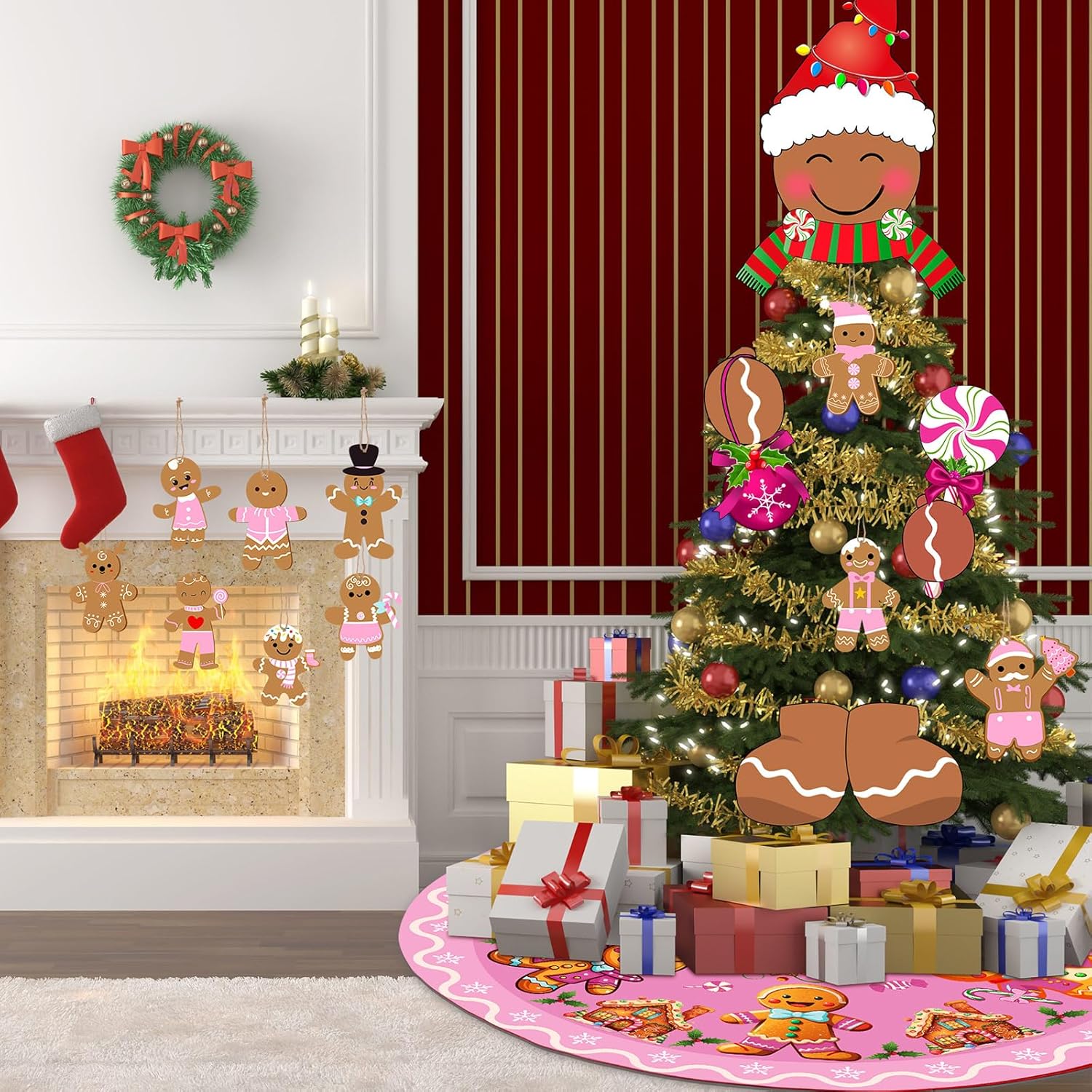 Hungdao 32 Pcs Gingerbread Man Christmas Decoration Gingerbread Man Christmas Tree Topper Head Arm and Leg Xmas Tree Skirt Wooden Ornament for Xmas Holiday Indoor Party Supplies (Pastel Pink) - Image 6