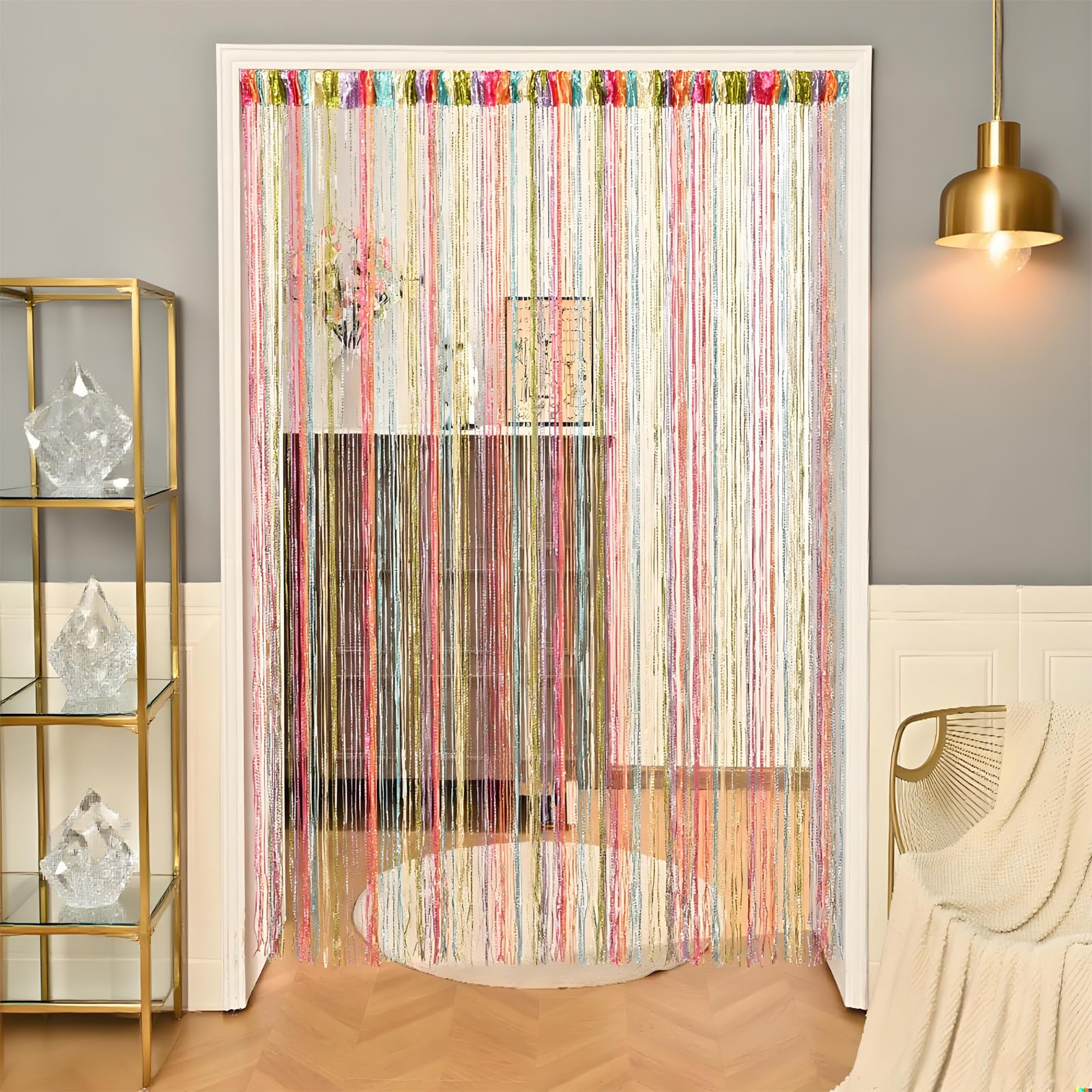 Beaded Door Curtain, 2PCS Hanging Room Divider Beaded Decor Hippie Glitter Fringe, 100 x 200cm Door Curtain for Doorways(Rainbow)