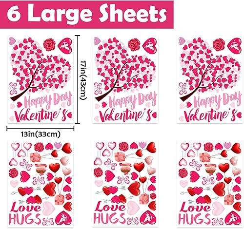 Miniatura 10 de Ivenf Decoración para el día de San Valentín, 8 hojas grandes de calcomanías para ventana de camión de gnomo rojo y rosa, caramelo de conversación