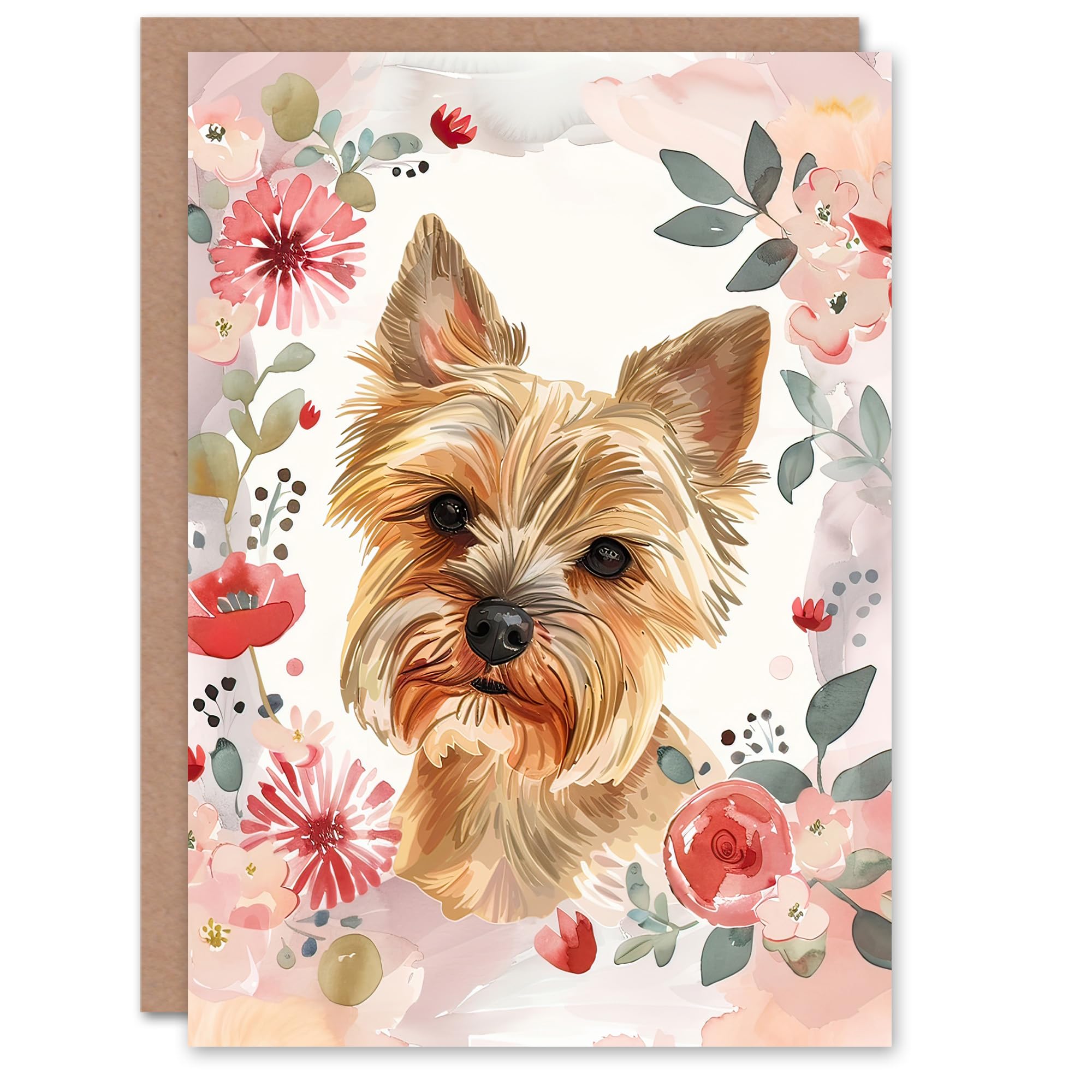 Artery8 Greeting Card Cute Teacup Yorkshire Terrier Dog Pink Floral For Her Woman Birthday Card