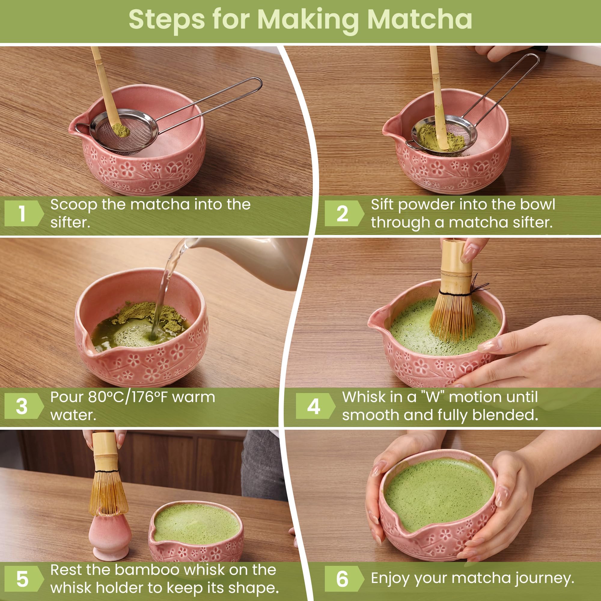 Zestaw do matcha w kolorze różowym, 7-sztuk bambusową miotełką i uchwytem, ceramiczną miseczką matcha oraz inne akcesoria, japoński zestaw do ceremonii parzenia herbaty dla początkujących
