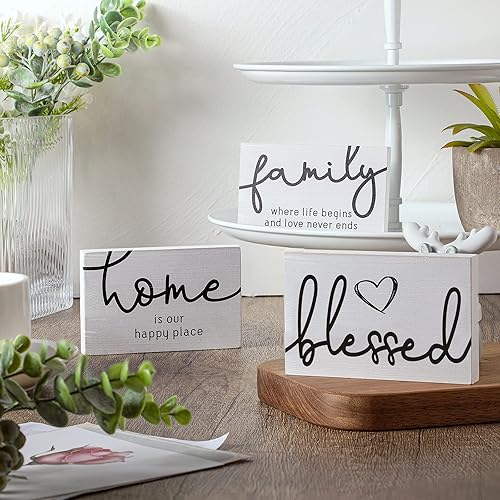 Miniatura 2 de Jetec 3 letreros de madera rústica con texto en inglés "Family Home Blessed", mini letrero decorativo de madera para decoración de mesa de granja