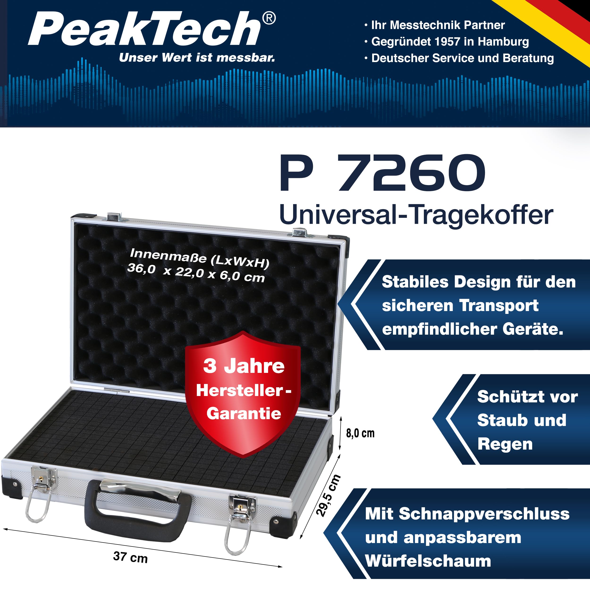 PeakTech P 7260 Alukoffer – abschließbarer Universal-Transportkoffer mit Würfelschaumstoff – tragbarer Fotokoffer – robuster Alu Koffer mit Schutz vor Regen und Staub – groß (370 x 230 x 80mm)