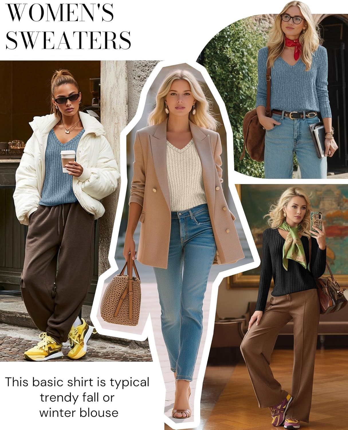 3 Pack Women's Long Sleeve Sweaters V Neck Curved Hem Tunic Tops Loose Fit Casual Basic Fall Sweaters Shirts - Image 2