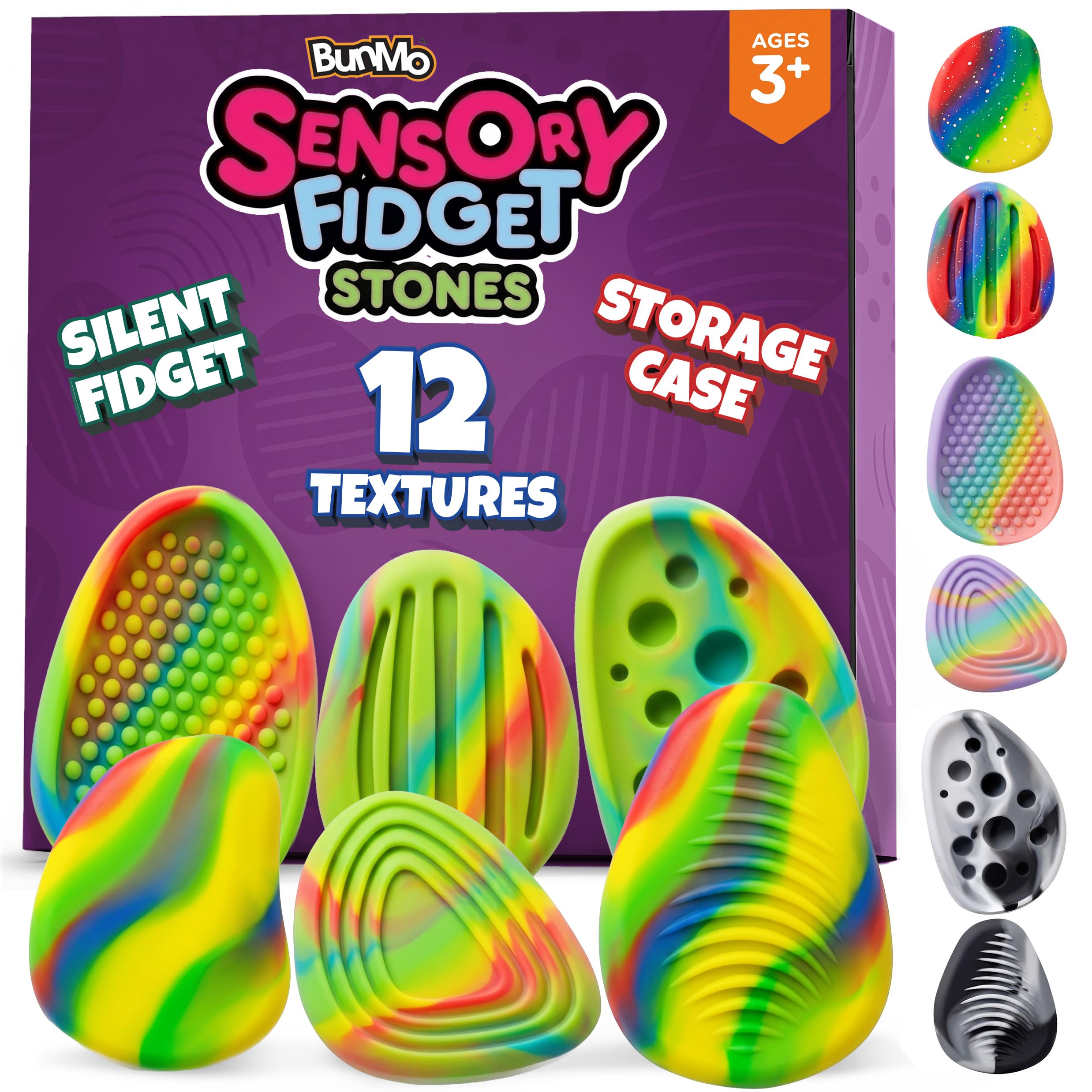 BUNMO Sensory Fidget Stones – 6pk Rainbow | Silicone Worry Stones for Kids Ages 3+ | Portable, Textured, Quiet Sensory Stones for Hands-On Play