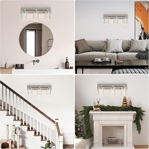 Miniatura 8 de Espird Lámpara de tocador de baño, 3 luces de níquel cepillado con pantalla de vidrio semillado grueso, luces modernas de tocador de 24 pulgadas,