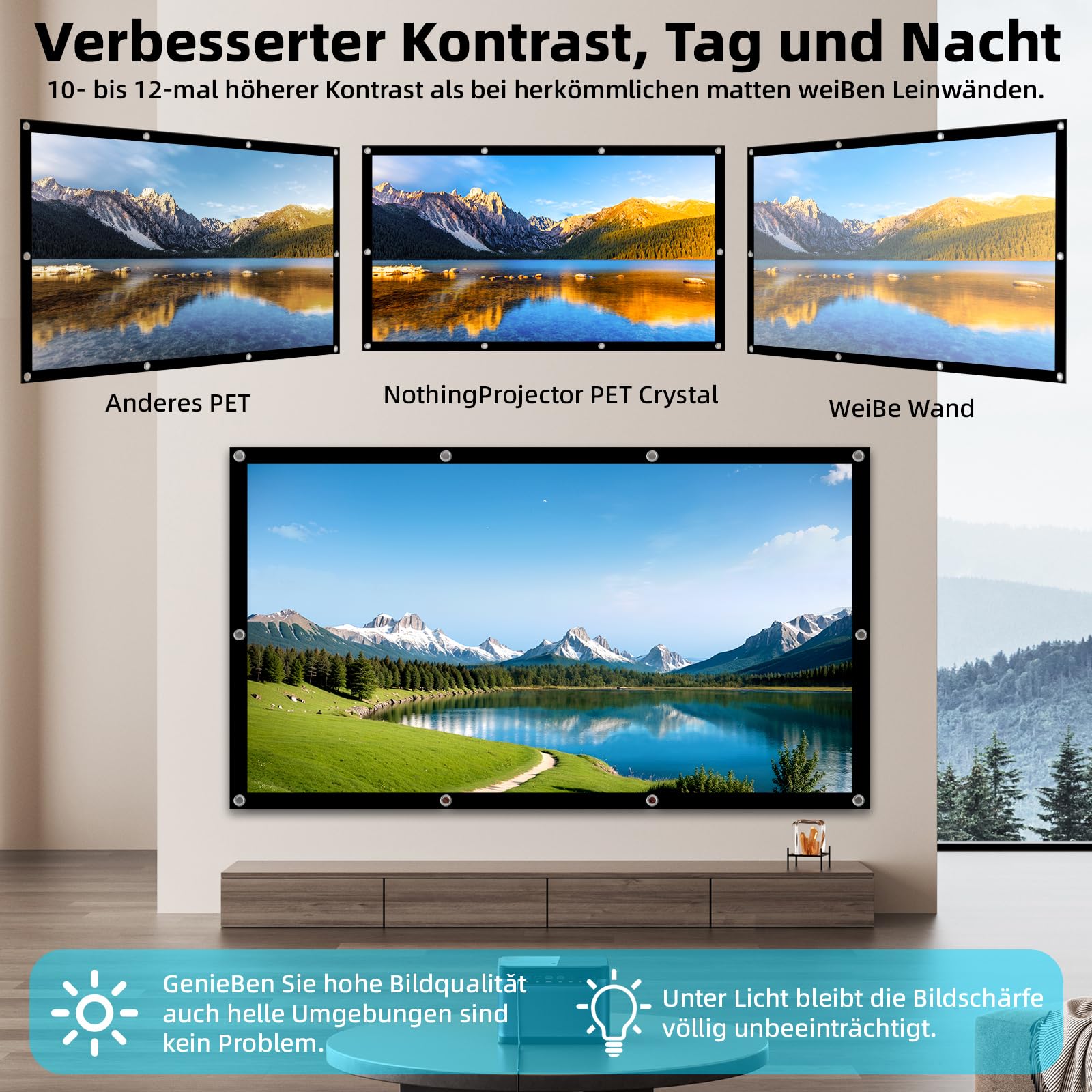 Leinwand Beamer 100 Zoll, 16:9 4K HD Projektionsleinwand aus verdickter Milchseide, tragbare Beamer Leinwand mit 10 Haken & 2 Bindeseilen, für Heimkino, Büro, Schule, Party und Outdoor