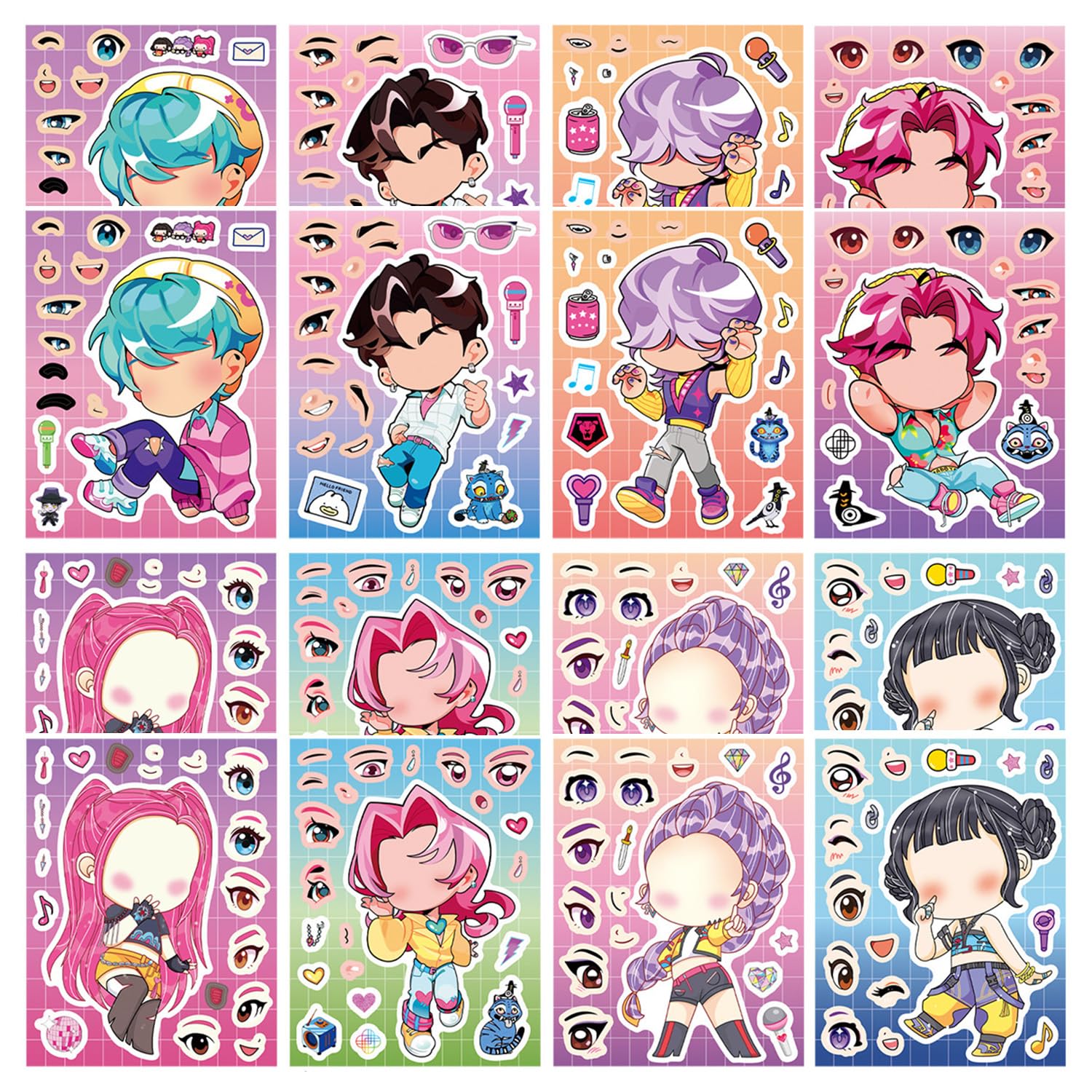 Tabanzhe 16 Sheets Kpop Make a Face Stickers Set, DIY Puzzle Mix and Match Sticker Sheets Cute Korean Pop Music Dress Up Art Craft Activity Decals for Laptop Skateboard Phone Case