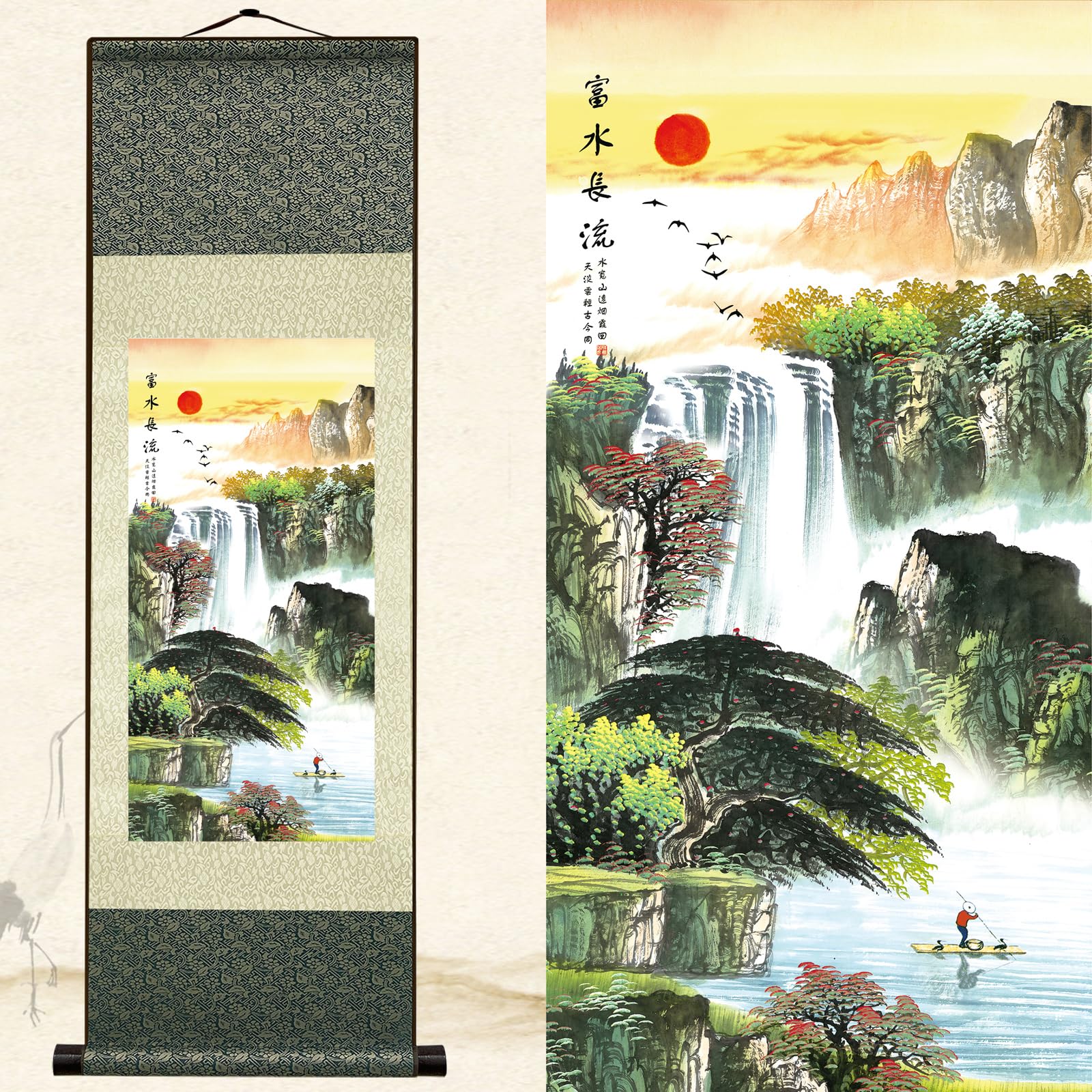 Newscz Wall Decoration for Living Room Asian Wall Art Silk Scroll Landscape Paintings Canvas Pictures for Wall Hanging Decoration Wall Tapestry Pictures for Hallway Bedroom Decor 36 by 12 in