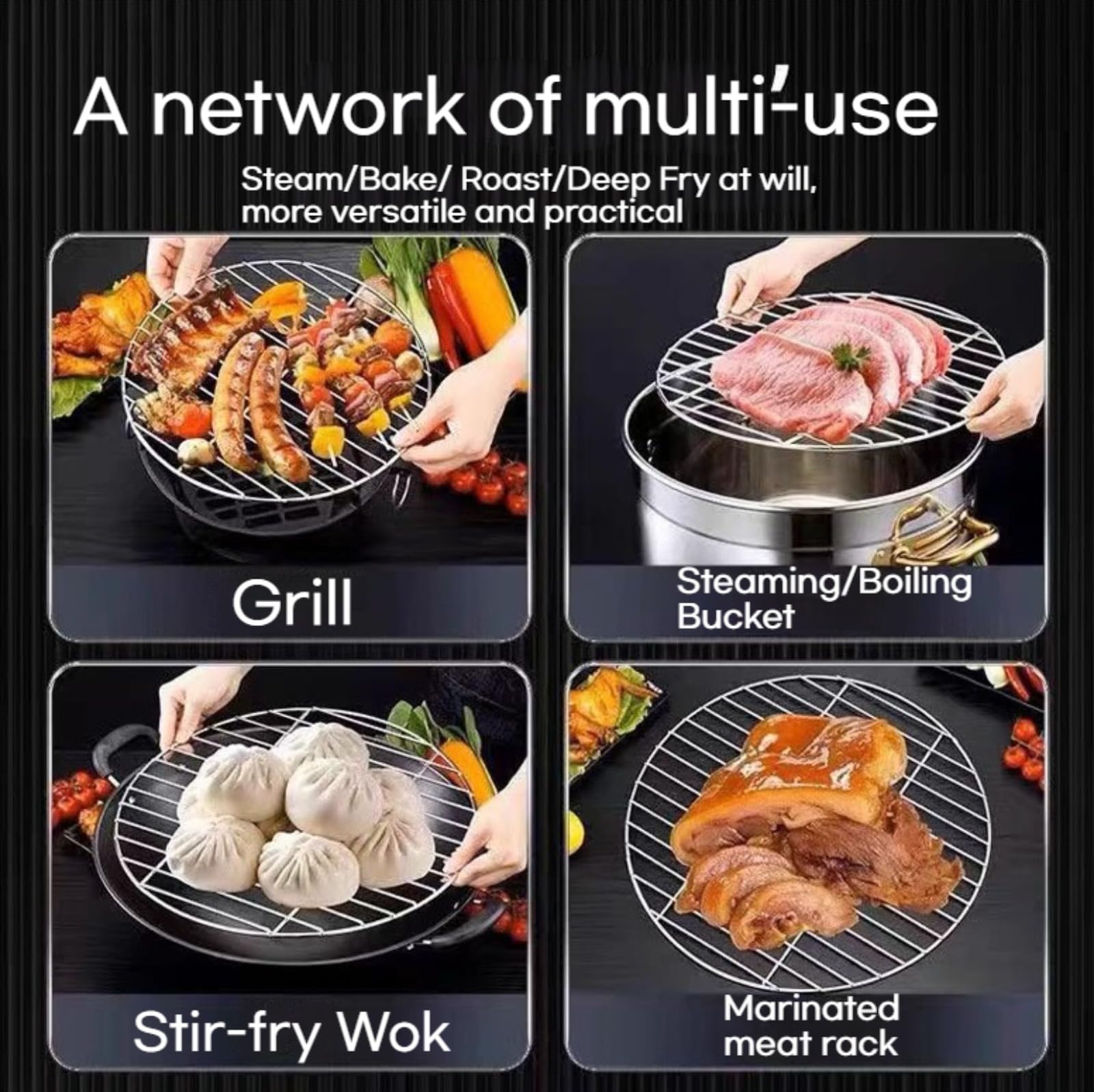 Griglia rotonda per barbecue, Grassetto in acciaio inox, Griglie per barbecue, Varie dimensioni, Grill barbecue, Graticola per barbecue, Griglia da forno per barbecue, picnic, cottura all'aperto
