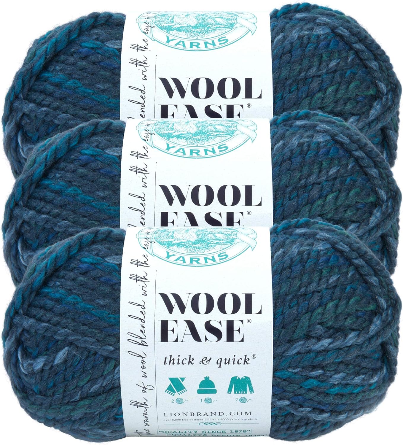 Lion Brand Yarn Wool-Ease Thick & Quick Yarn, Soft and Bulky Yarn for Knitting, Crocheting, and Crafting, 3 Pack, Dusk