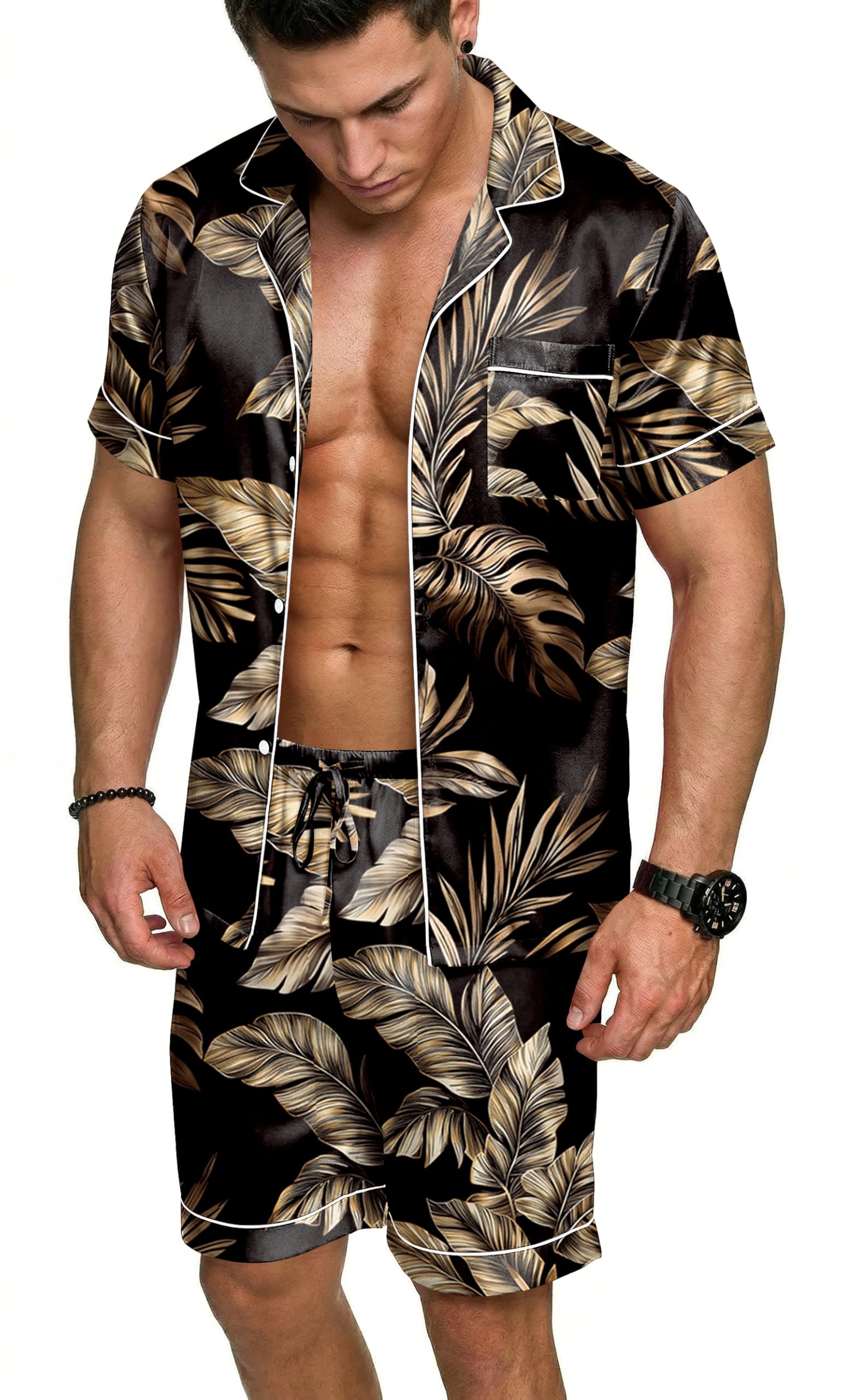 Ekouaer Mens Silk Satin Pajamas Set, Short Sleeve Sleepwear Lightweight Button Up Lounge Pjs Set with Pockets S-4XL — view 22