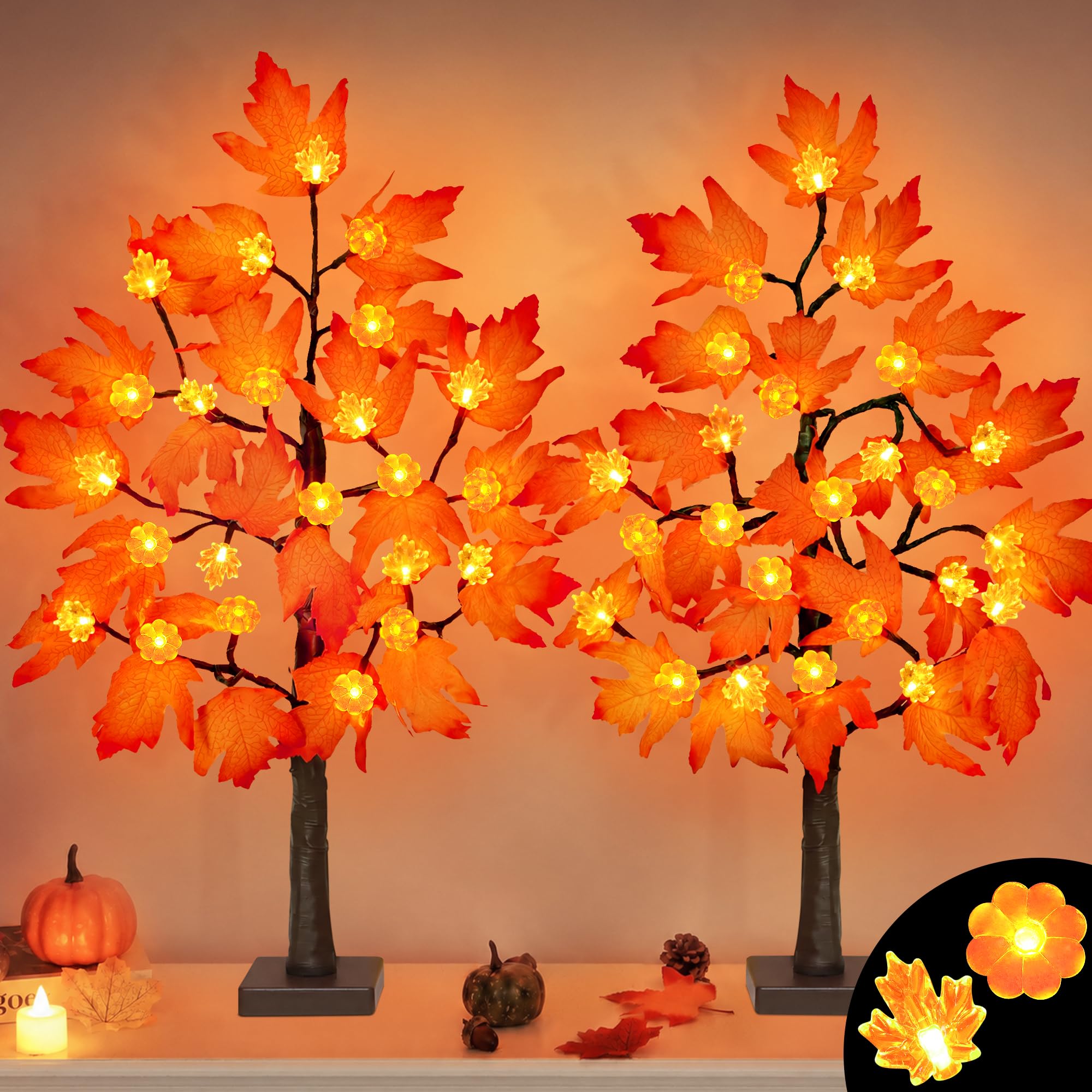 [Timer] Confezione da 2 decorazioni autunnali per albero di acero autunnale del Ringraziamento con 48 luci a LED, albero autunnale da 61 cm con acero di zucca illuminato, decorazioni per la tavola