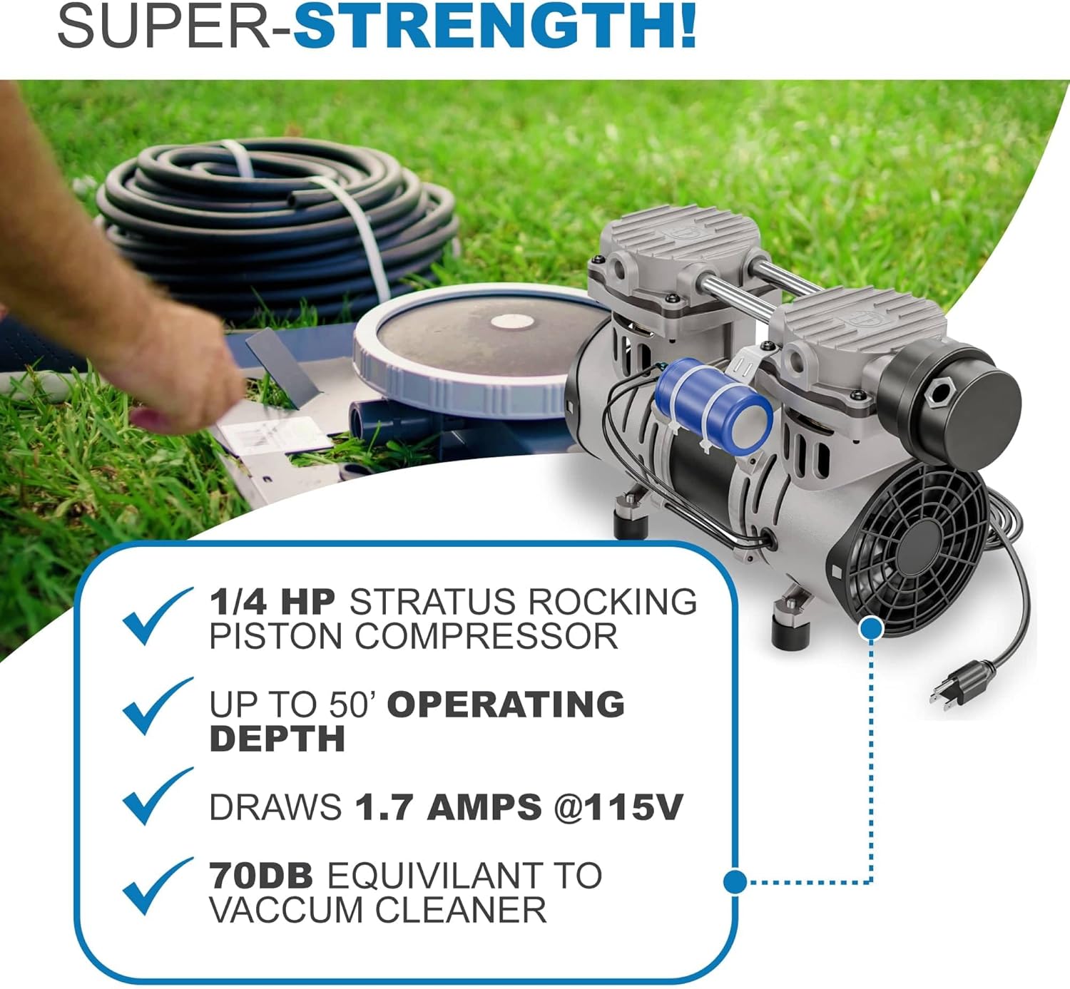 Airpro Eco ¼ HP Pond Aerator Kit by Living Water Aeration - Rocking Piston Pond Aeration System for Up to 1 Acre - Includes: 1/4 HP Compressor, 100' Weighted Tubing, Membrane Diffuser