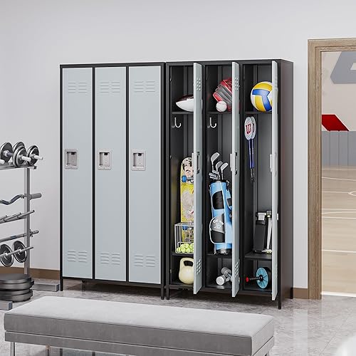 Vista 17 de Taquillas de metal para empleados, armario de almacenamiento de acero con 5 puertas para el hogar, oficina, escuela, gimnasio (blanco)