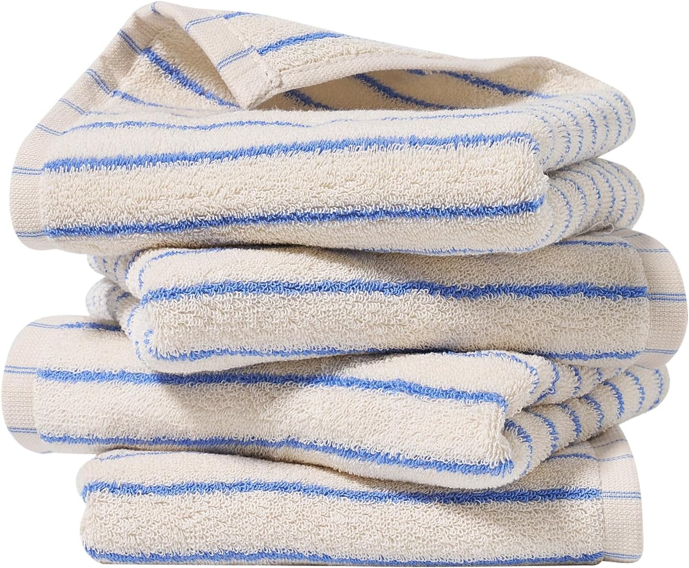 HEAVYWOOD Hand Towels Set of 4 Striped 100% Cotton Reversible, Soft & Absorbent Decorative Hand Towel for Bathroom Clearance (White/Blue Stripe, 4Pack)