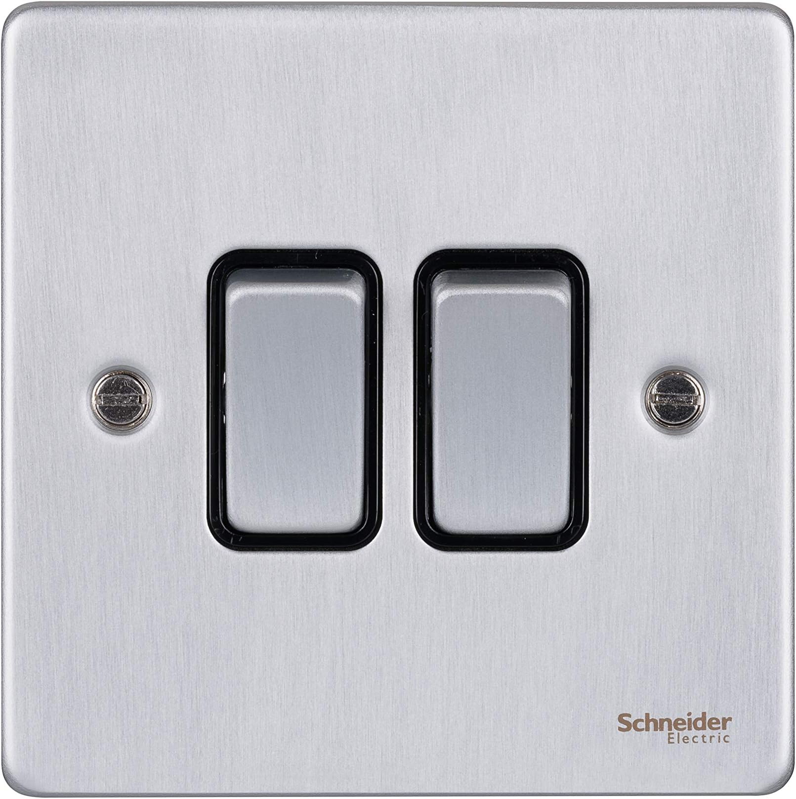 Schneider ElectricGU1522BBC Ultimate Low Profile brushed chrome Black insert 2 gang 2 way 16AX plate switch