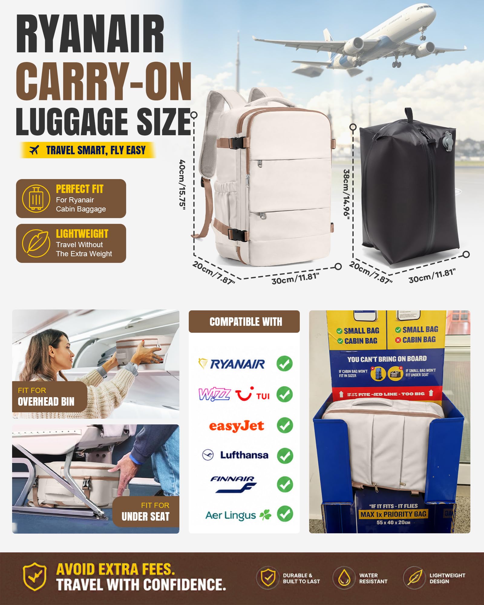 BJLFS Plecak próżniowy torba podróżna z pompką Ryanair torby kabinowe 40 x 30 x 20 cm torba podręczna Wizzair Easyjet Vueling bagaż podręczny worki próżniowe do podróży wodoodporny plecak na laptopa