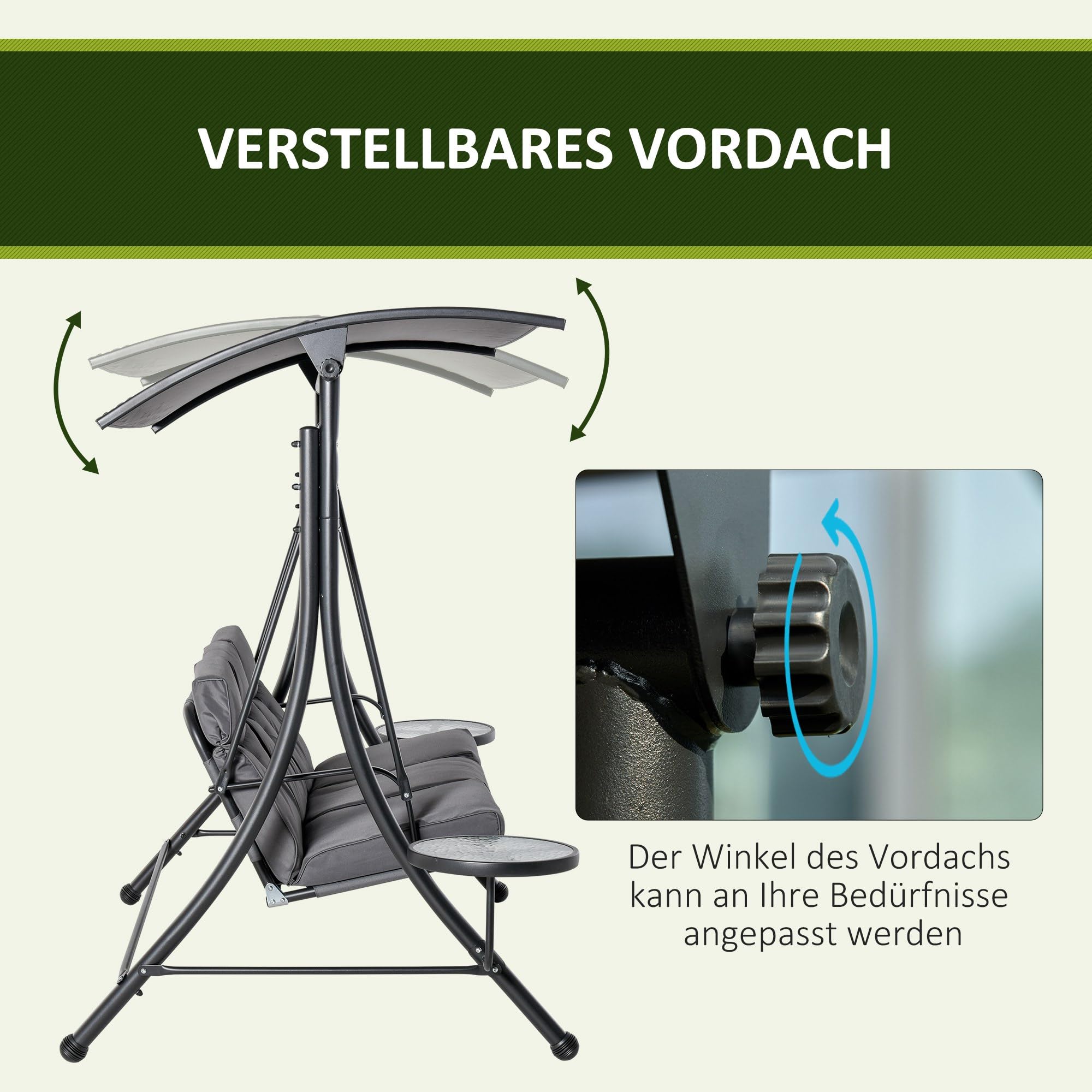 Outsunny Hollywoodschaukel mit Couchtische, 3-Sitzer Gartenschaukel mit verstellbarem Sonnendach, Schaukelbank belast bis 300kg, für Garten, Terrasse, 271 x 125 x 172 cm, Grau