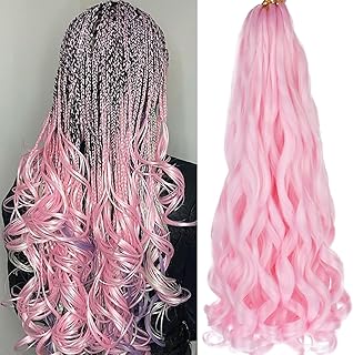 Unionbeauty Pink French Curl Braiding Hair 22 Inch French Curly Braiding Hair 8 Packs Pre Stretched Body Wavy Braiding Hair for Bohemian Box Braids Crochet Hair Curly Braiding Hair for Black Woman (Pink#)