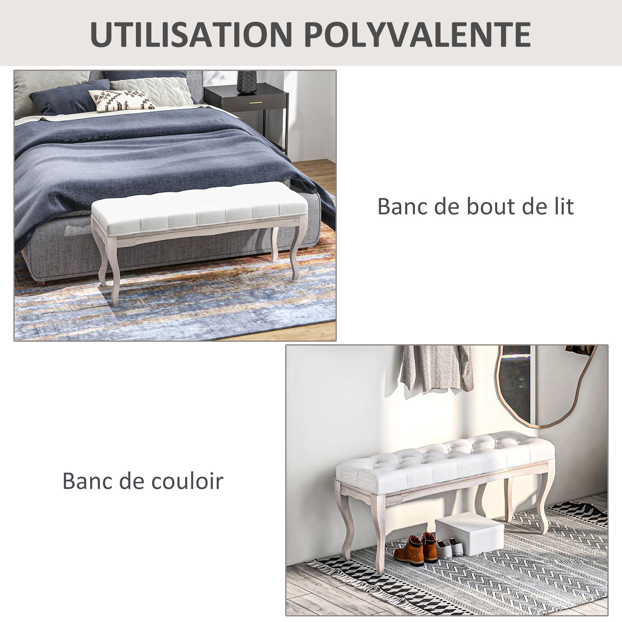 HOMCOM Banc 110 cm, Banquette capitonnée Style Classique, Bout de lit rembourrée en Effet Lin piètement Bois d'hévéa sculpté, crème