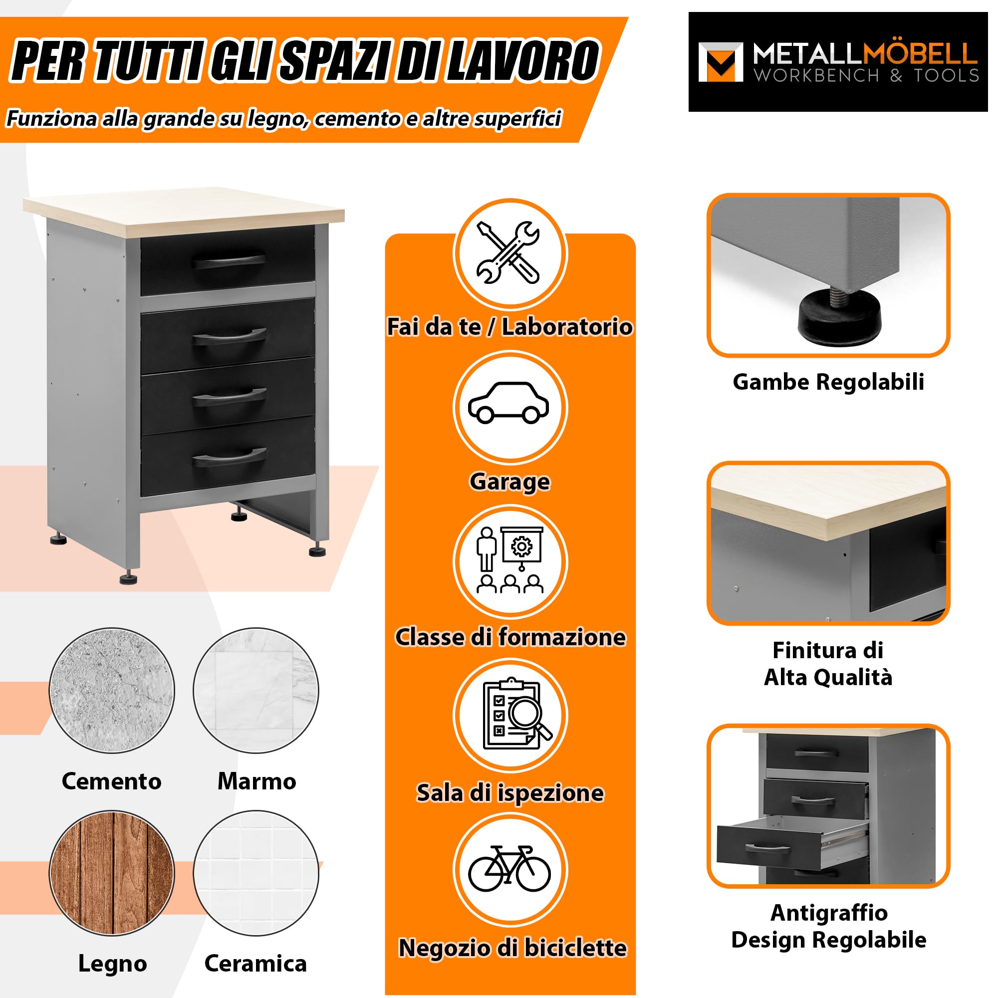 METALLMOBELL - Banco da Lavoro Officina | 60x60x84cm, con Cassetti | Tavolo da Lavoro Garage, Banchetto da Lavoro, Banco da Falegname, Banco da Lavoro Garage, Banco Lavoro MB05G