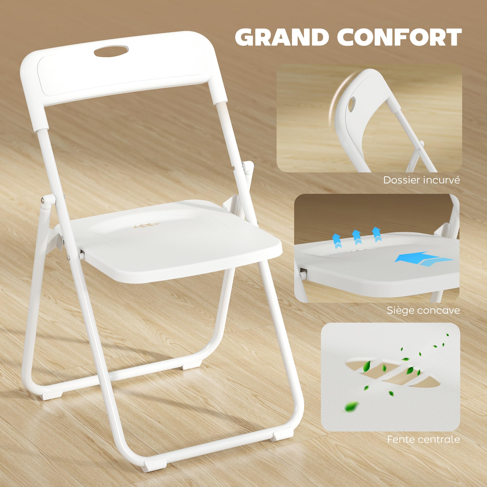 HOMCOM Lot de 6 chaises pliantes en plastique et acier, chaises pliantes intérieures portables, dossier incurvé, assise concave, aération, trou de transport, pour maison, bureau, salle à manger, blanc