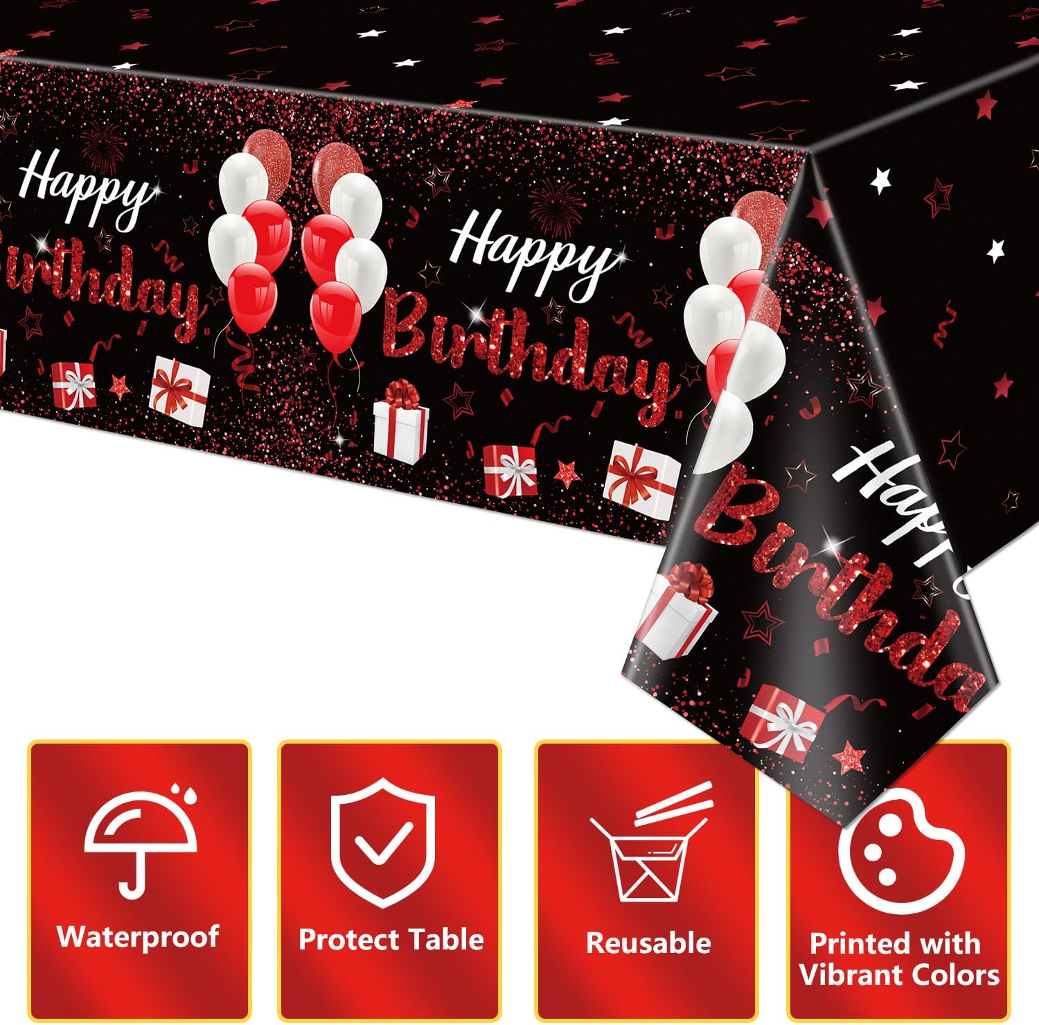 2 Pack Black Red Happy Birthday Tablecloths, 51x87'' Plastic Disposable Rectangle Birthday Party Table Covers for Women Girls Birthday Party Decorations Supplies