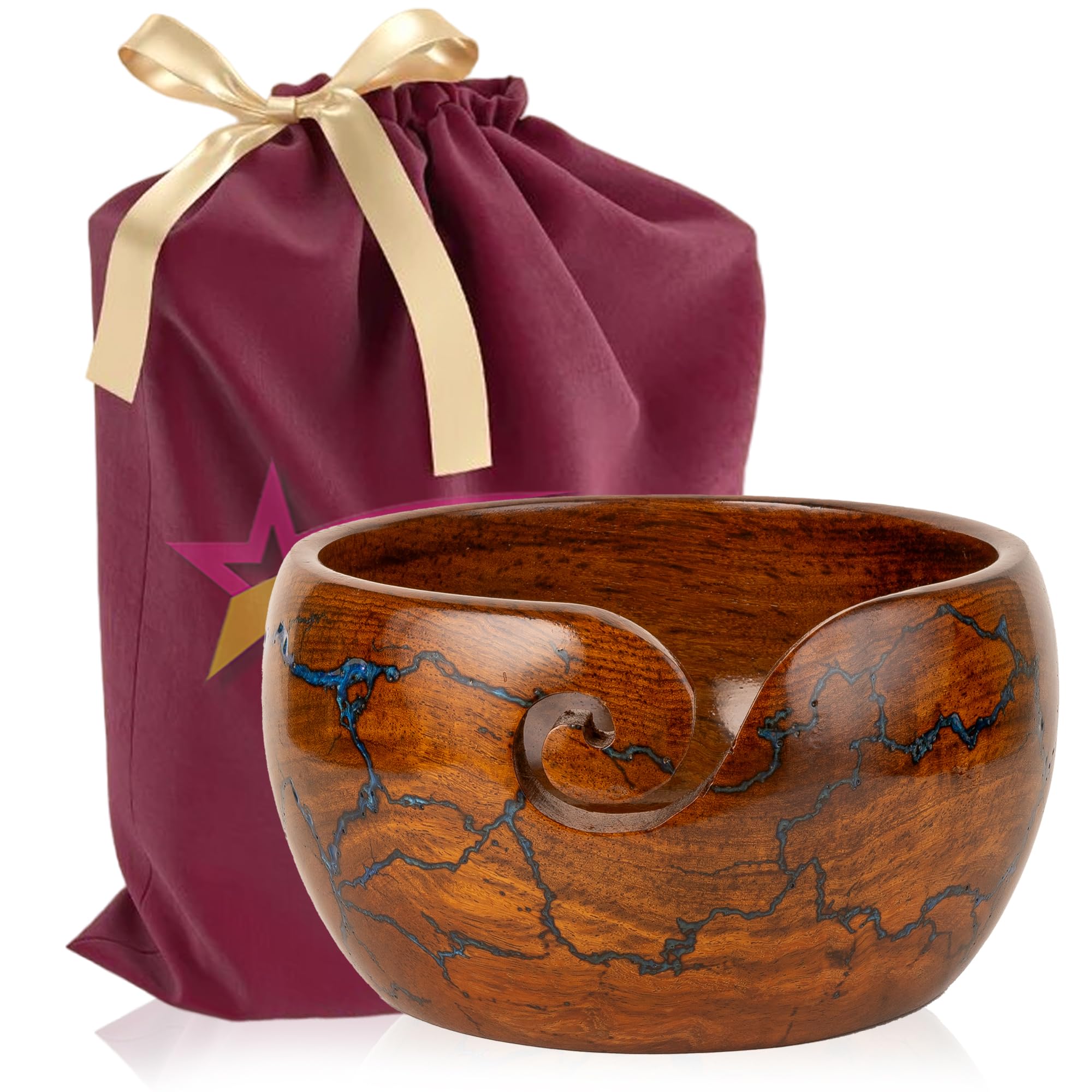 Bhartiya Handicrafts Wooden Yarn Storage Bowl, Large 7x7x4 Inches Knitting Yarn Holder for Crocheting, Crochet Bowl with Fractal Wood Burning & Blue Resin Artwork (Blue)