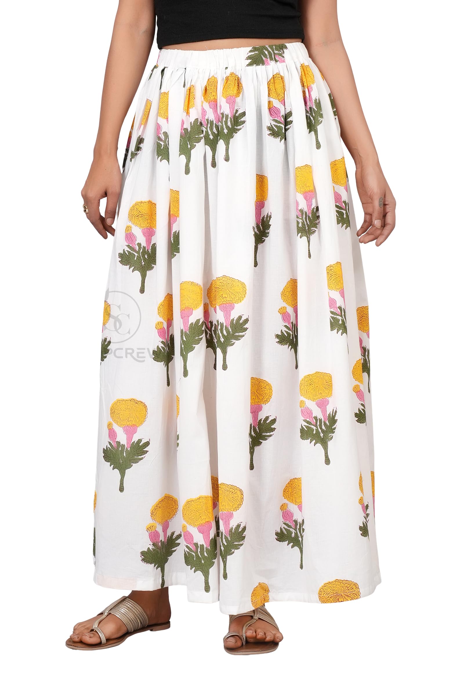 Women White Cotton Maxi Skirt with Yellow Floral Block Print & Elastic Waist-image-9