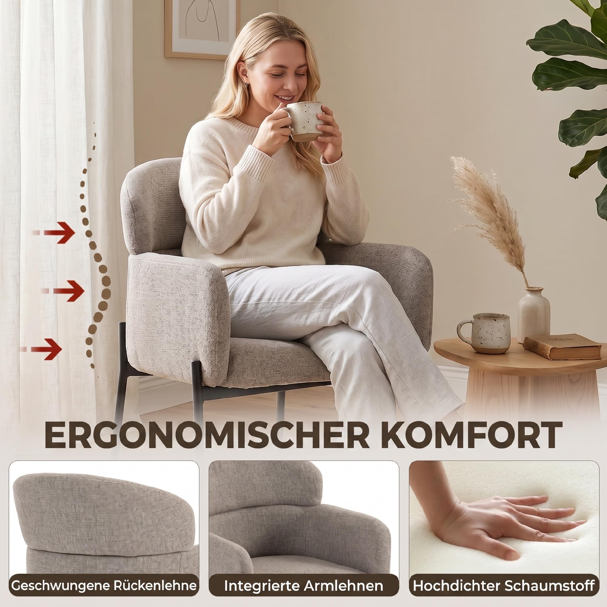 HOMCOM Sessel Wohnzimmer Loungesessel mit Chenille-Optik Hellbraun