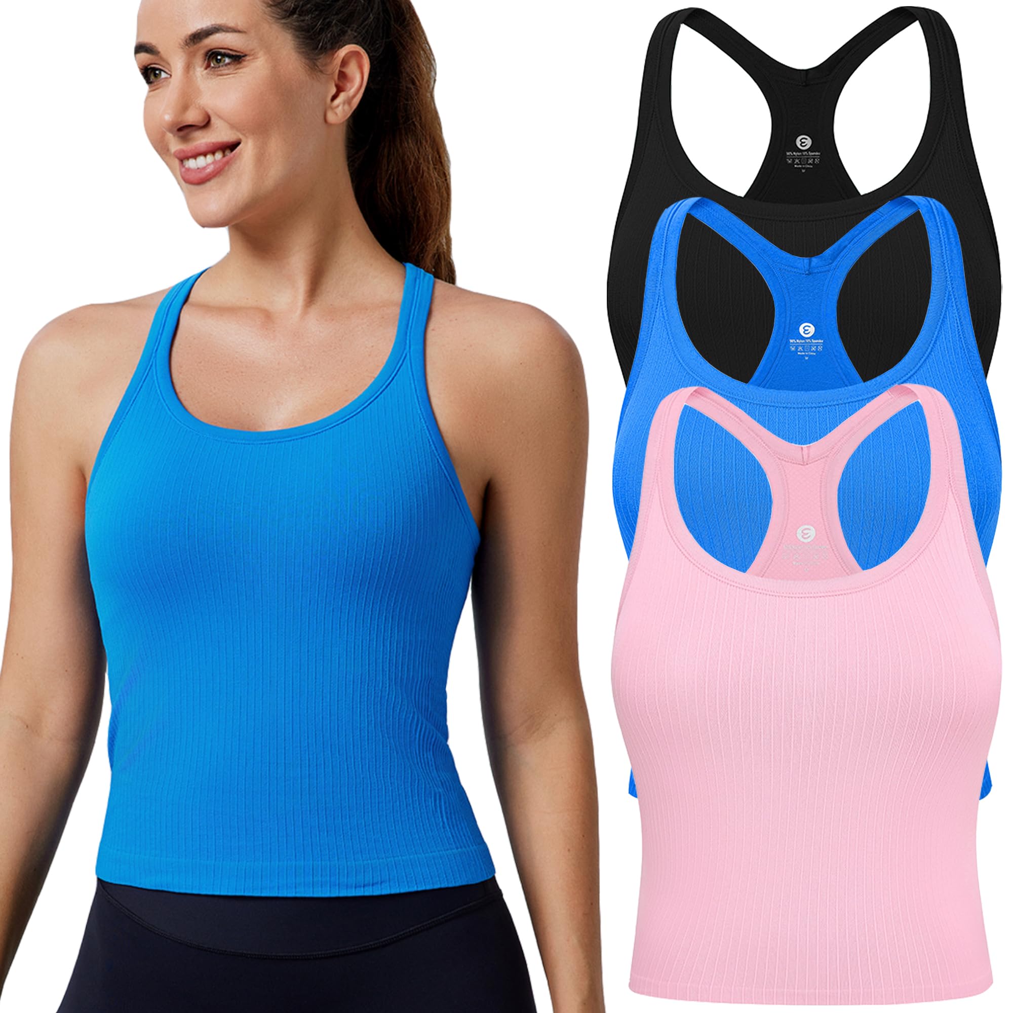 Women's 1/2/3 Pack Ribbed Workout Tank Tops With Built In Bra - View #2