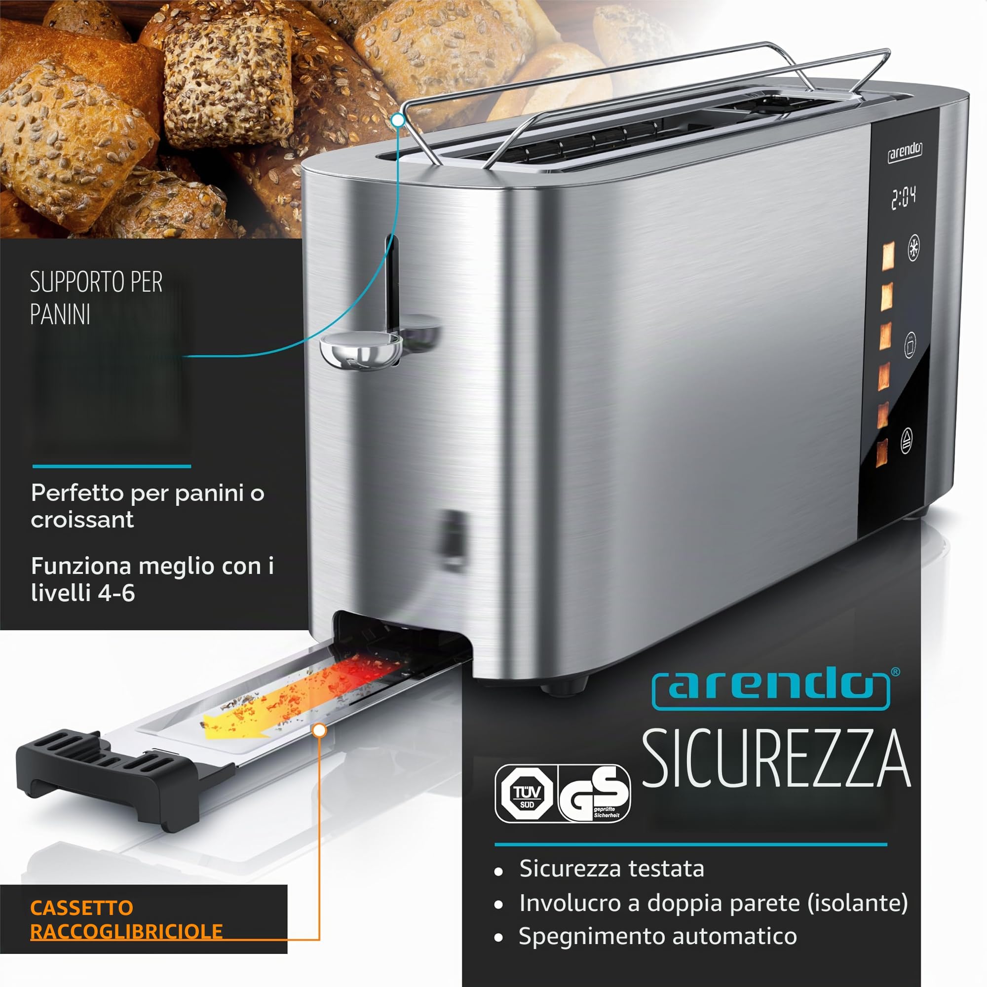 Arendo - Tostapane in acciaio inox con 2 fette a fessura lunga - Touch screen - alloggiamento a doppia parete - Inserto per panino integrato - 6 gradi di doratura - centraggio del pane