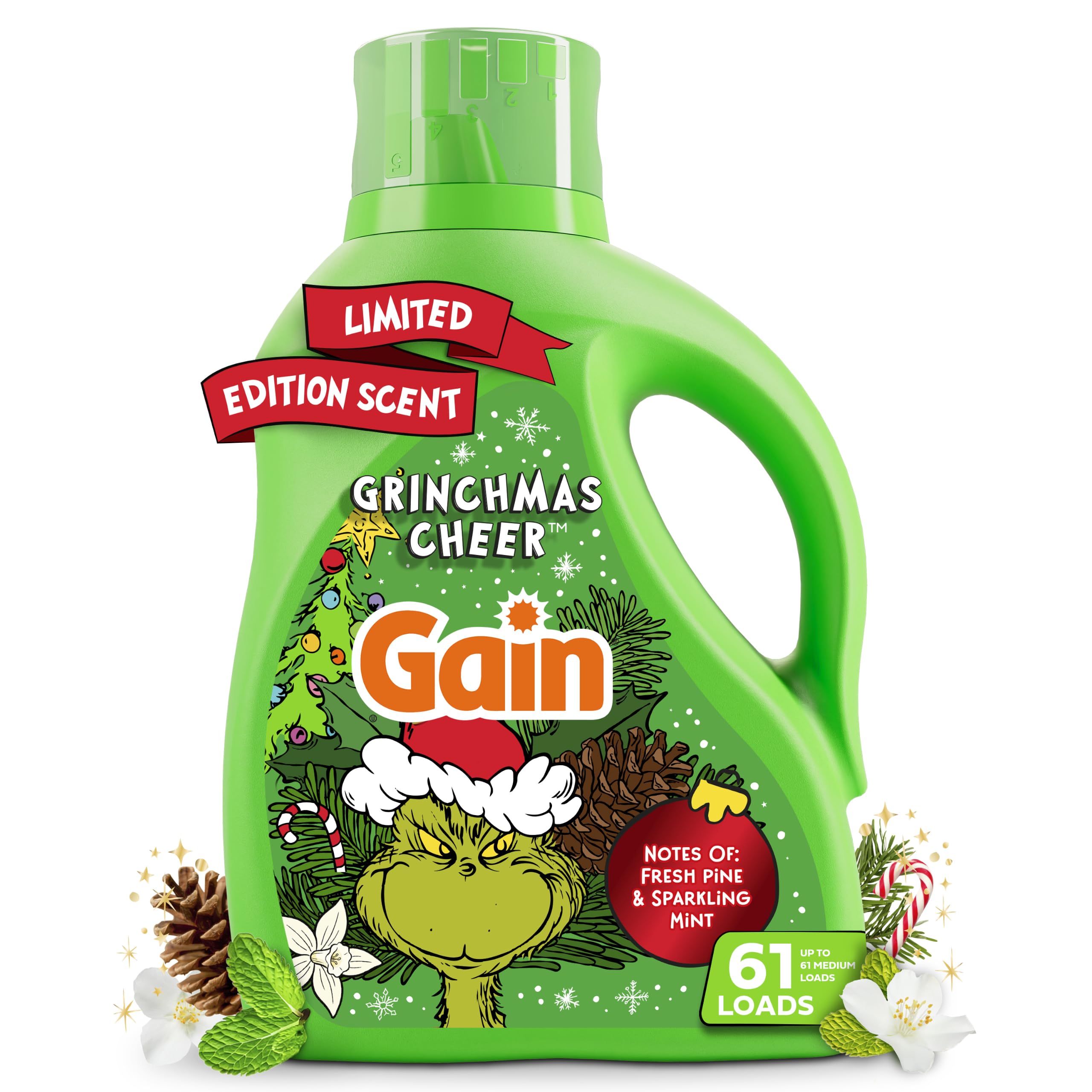 Gain Liquid Laundry Detergent with Odor Defense, Grinchmas Cheer Scent, Laundry Soap For HE Washing Machines, 81 fl oz, 61 Loads