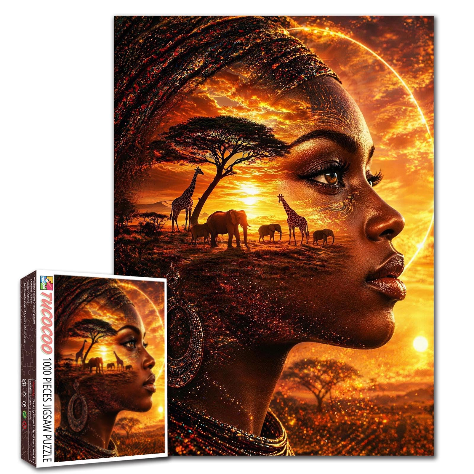 African Woman Jigsaw Puzzle 1000 Pieces Black Woman Puzzle for Adults Elephants Giraffes Animal Art Jigsaw Puzzle Easy Family Puzzle for Game Nights Home Wall Decor DIY Craft Gift 19.7 x 27.6 Inch — image 1