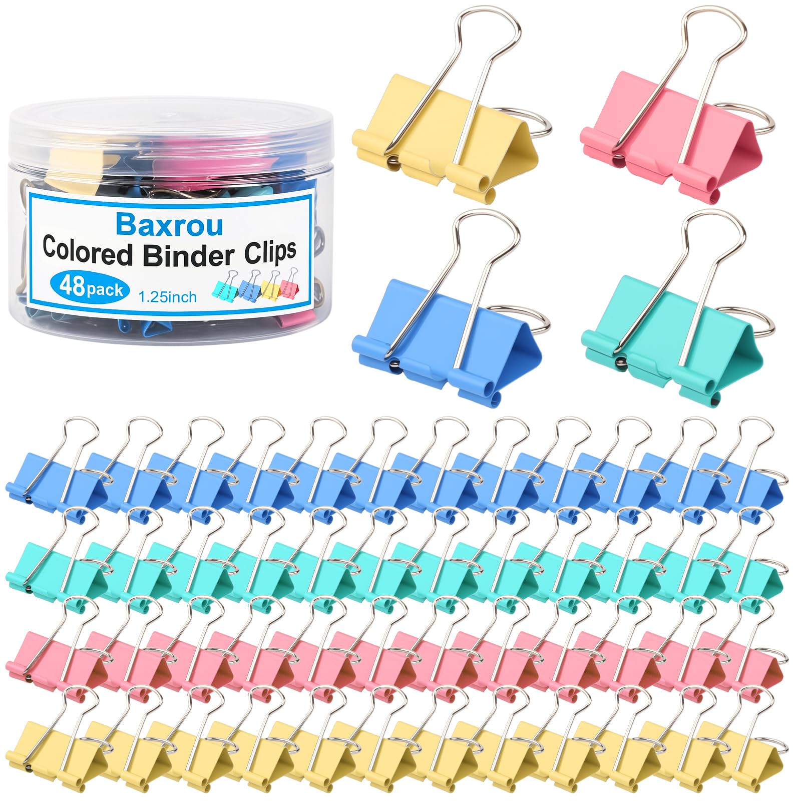 Colored Binder Clips,Medium Binder Clip 1.25 Inch (48 Pack) with Container,Color Binder Clips Medium Size, Big Paper Clips Clamps, Clips for Paperwork